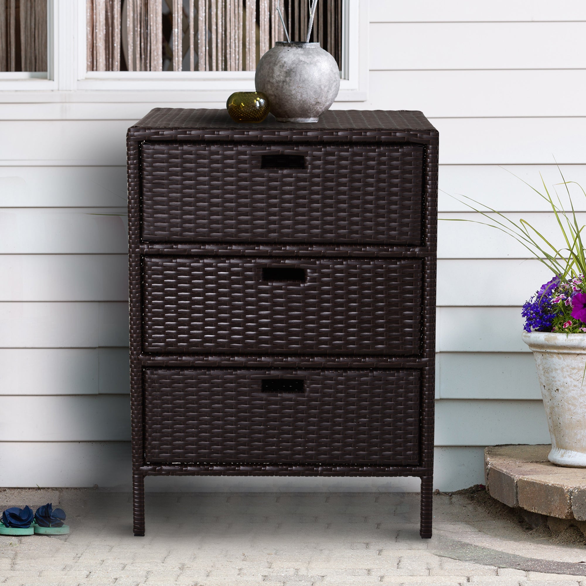 Outsunny 32" Poolside Rattan Wicker Patio Organizer Storage Cabinet Bathroom Storage w/ 3 Large Drawers Garden Outdoor