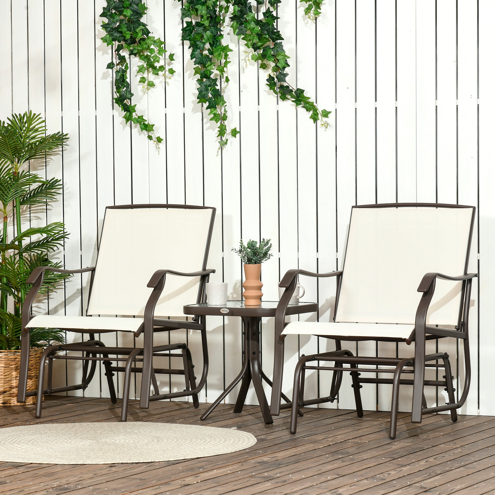 Outsunny 3 Piece Patio Glider Set Outdoor Gliders with Breathable Mesh Seat, Glass Top Table for Garden, Yard, Cream White