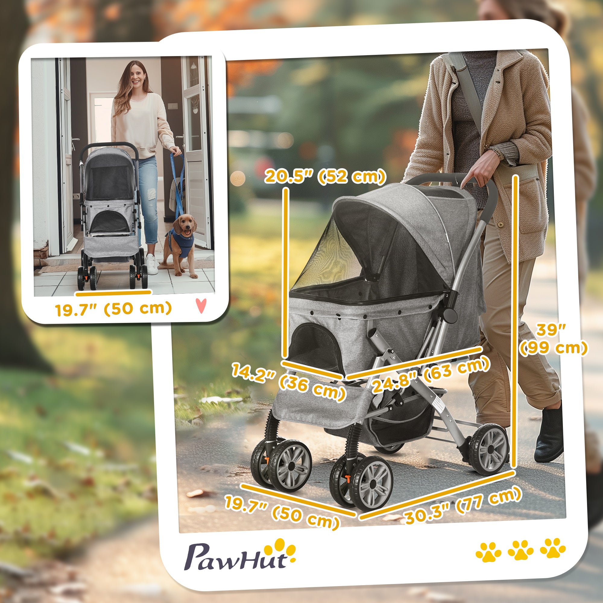 PawHut 4 Wheels Pet Stroller w/ Reversible Handle, Foldable Dog Cat Travel Carriage w/ EVA Wheels Basket Storage Bag 3-stage Canopy Grey