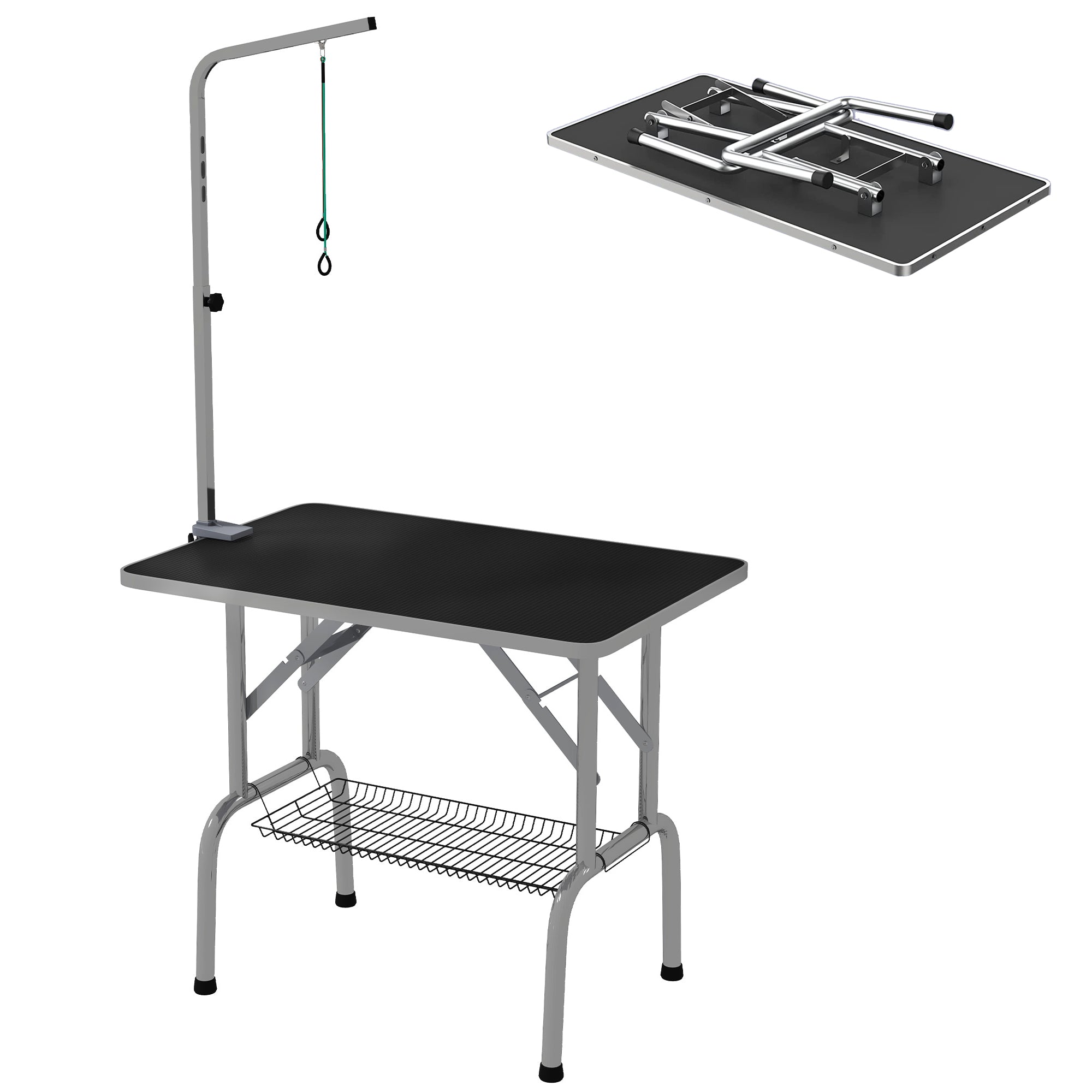 PawHut Foldable Grooming Table for Dogs with Height Adjustable Grooming Arm, Storage Shelf, Black