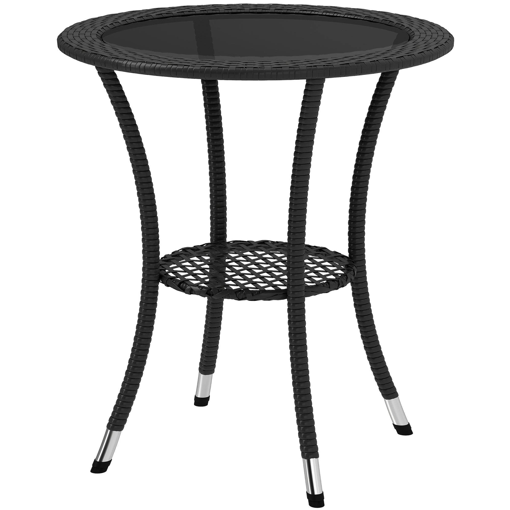 Outsunny Outdoor Rattan Dining Table, Patio Wicker Round Coffee Table with 2-Tier Storage Shelf, Black
