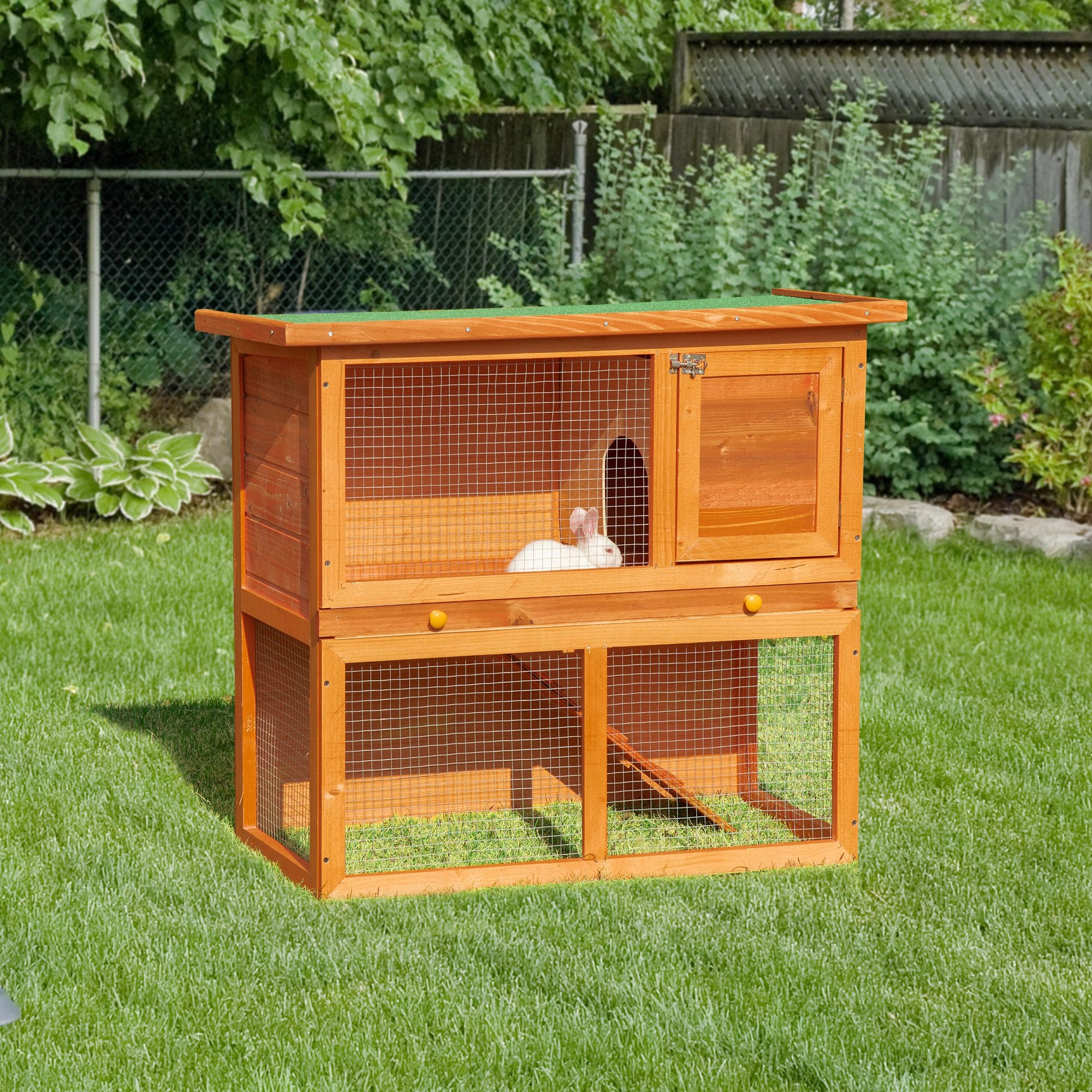 PawHut Wooden Rabbit Hutch Small Animal House Cage 2-Level w/ Run Backyard