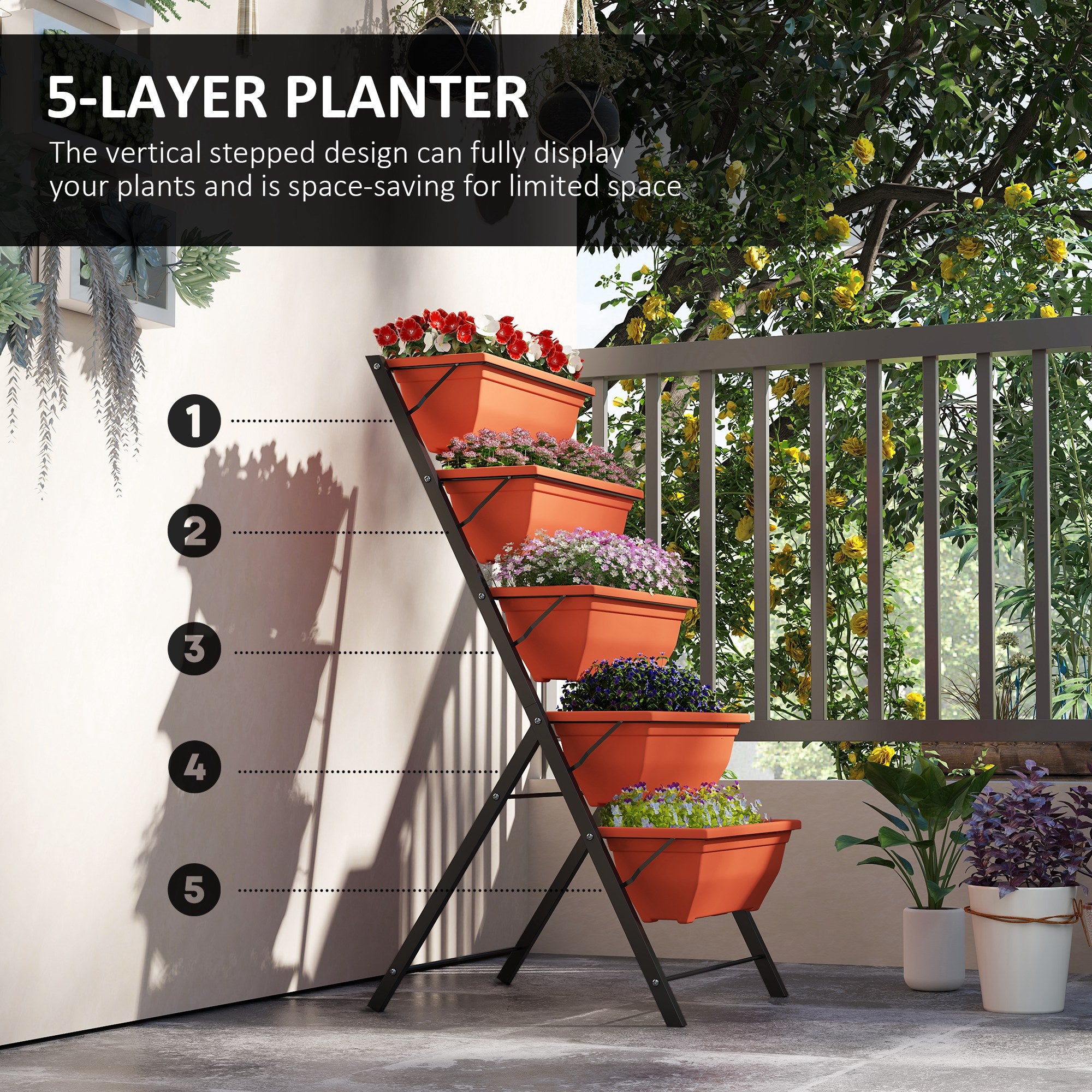 Outsunny 5-Tier Raised Garden Bed Plant Stand Flower Pots with Leaking Holes Red