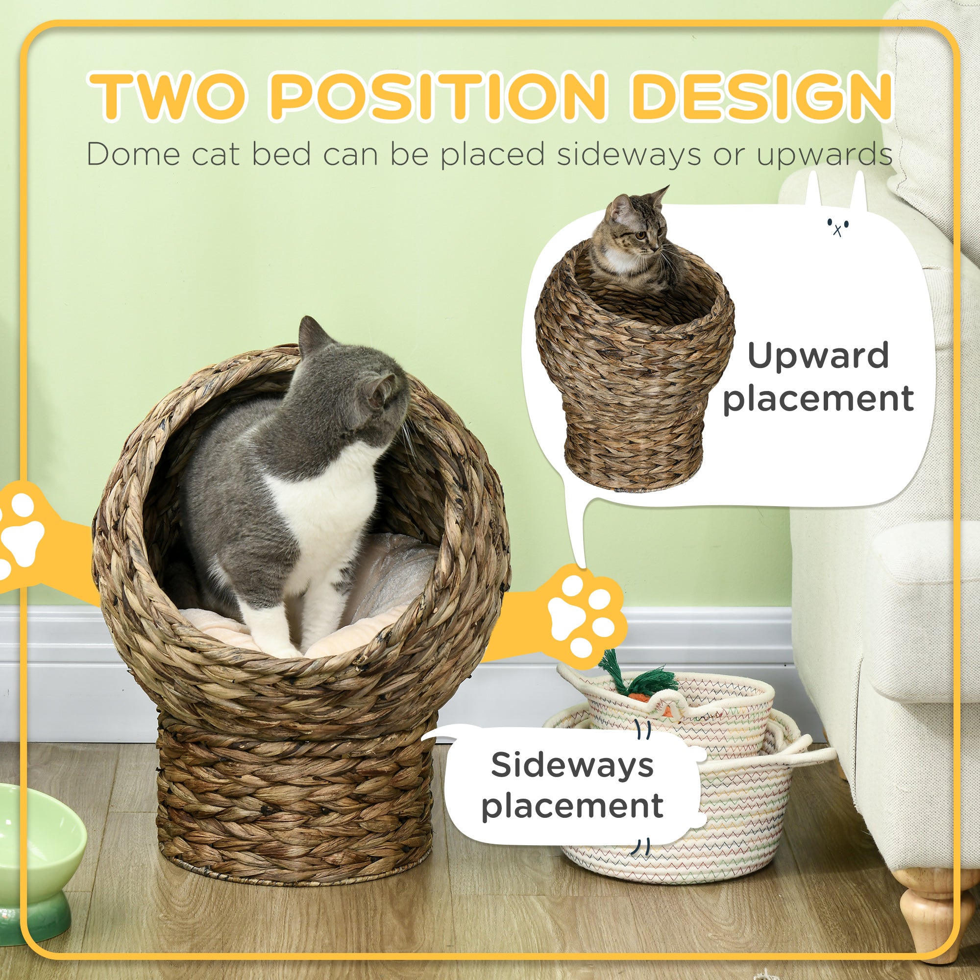 PawHut Wicker Cat Bed with Cushion, Stand, for Indoor Cats, Grey