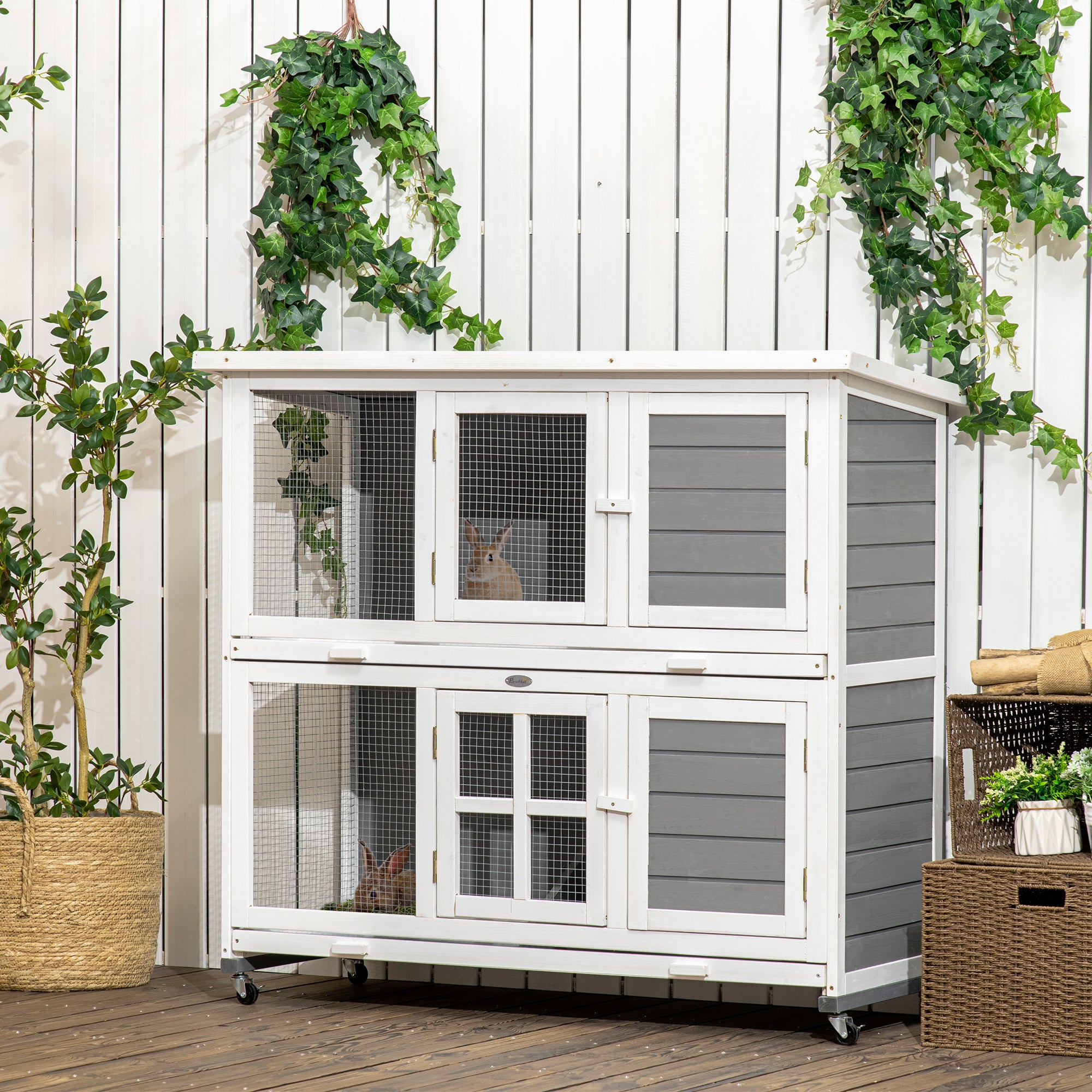 PawHut 2 Tier Wooden Rabbit Hutch with Wheels, Waterproof Roof, Removable Tray for Outdoor & Indoor, Dark Grey