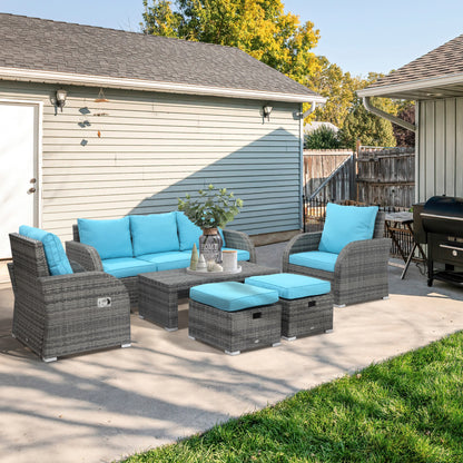Outsunny 6 Pieces Patio Furniture Set, Conversation Set Wicker Sectional Set Cushioned Outdoor Rattan 3-Seat Sofa, 2 Adjustable Recliners, 2 Footstools & Table Set for Lawn Garden Backyard, Sky Blue