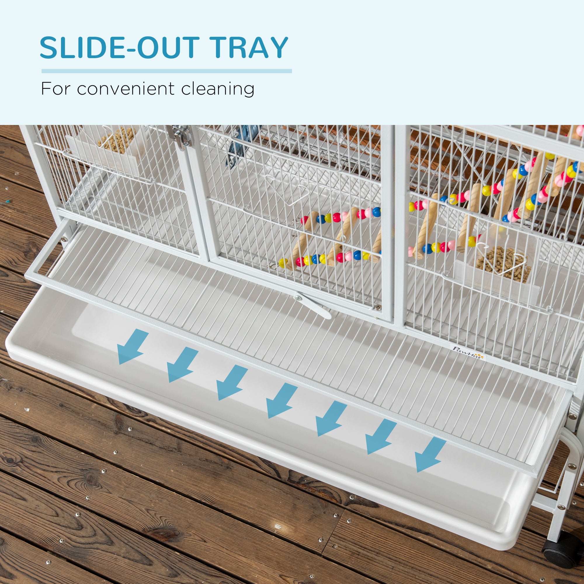 PawHut 71" Bird Cage with Wheels Perches, Ramp, Storage Shelf, Toys for Canaries, Finches, Cockatiels, Parakeets, White