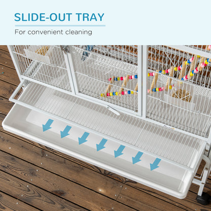 PawHut 71" Bird Cage with Wheels Perches, Ramp, Storage Shelf, Toys for Canaries, Finches, Cockatiels, Parakeets, White