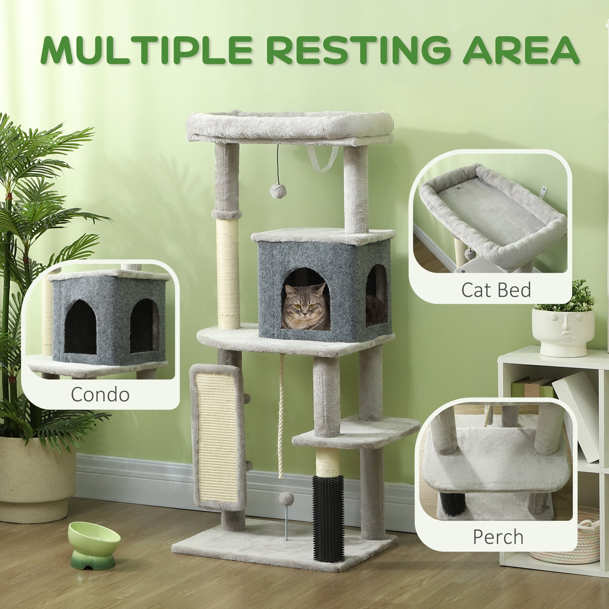 PawHut 52 Inch Cat Tree with Scratching Posts, Cat Bed, Condo, Grooming Brush, Jumping Platforms, Toy Balls, Anti-tip Kit