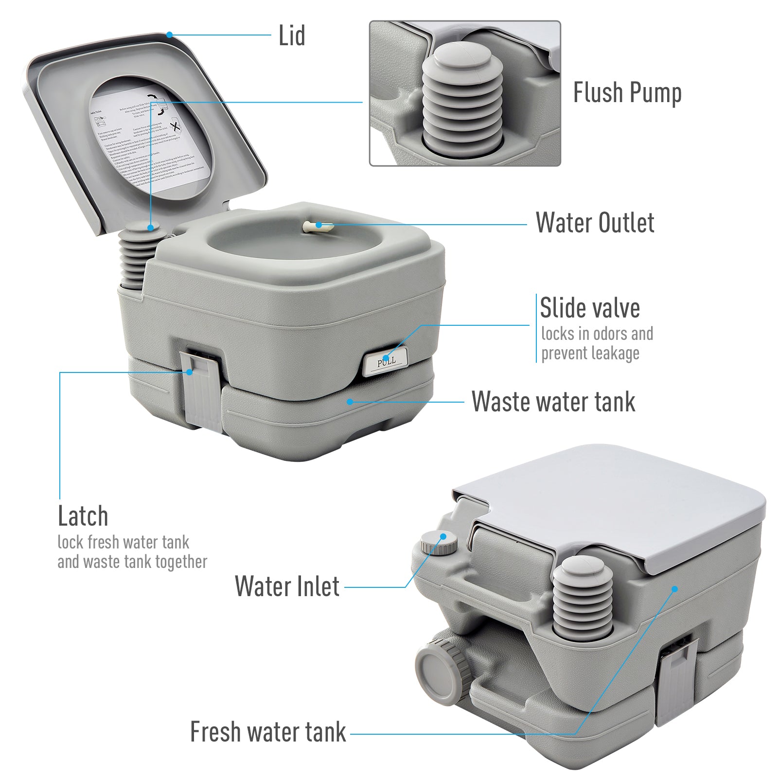 Outsunny Outdoor Portable Travel Toilet Flushable Tank for Camping Boating Roadtripping 2.6 Gallon (10L)