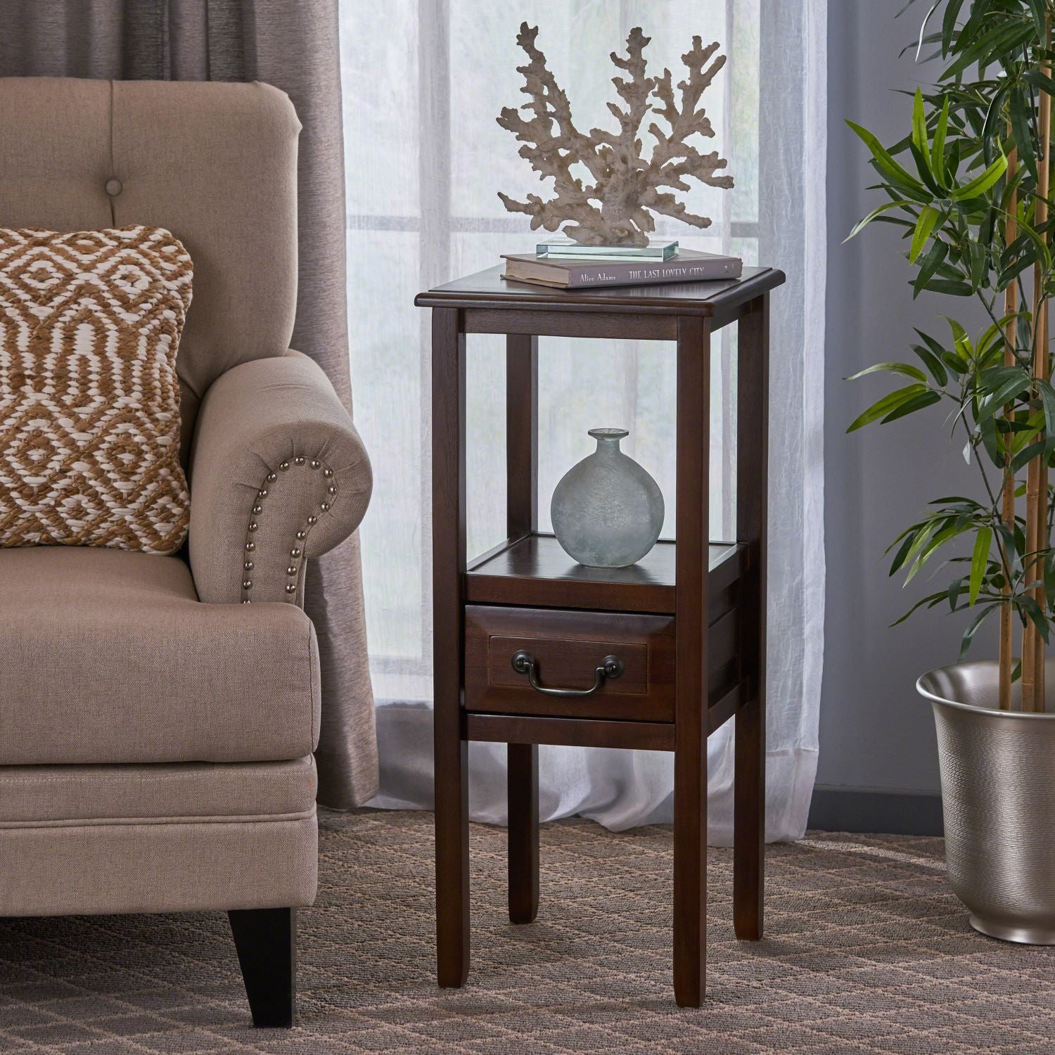 Insect-Proof Acacia Wood Accent Table with Smooth Walnut Finish, Reinforced Legs, for Living Room, Balcony, 13" L x 13" W x 30" H, Brown