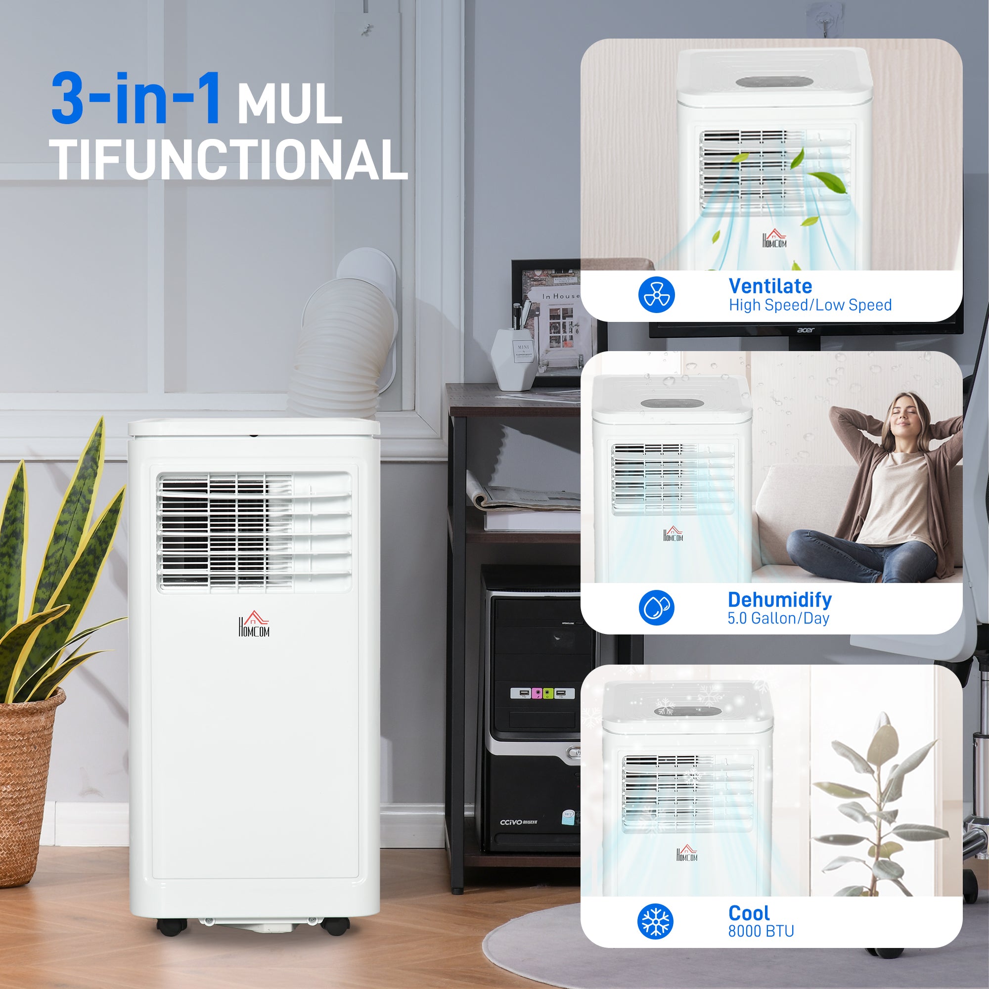 HOMCOM 8000 BTU Portable Air Conditioner with Cooling, Dehumidifier, Remote Control, 24-Hour Timer, Window Mount Kit, Cream