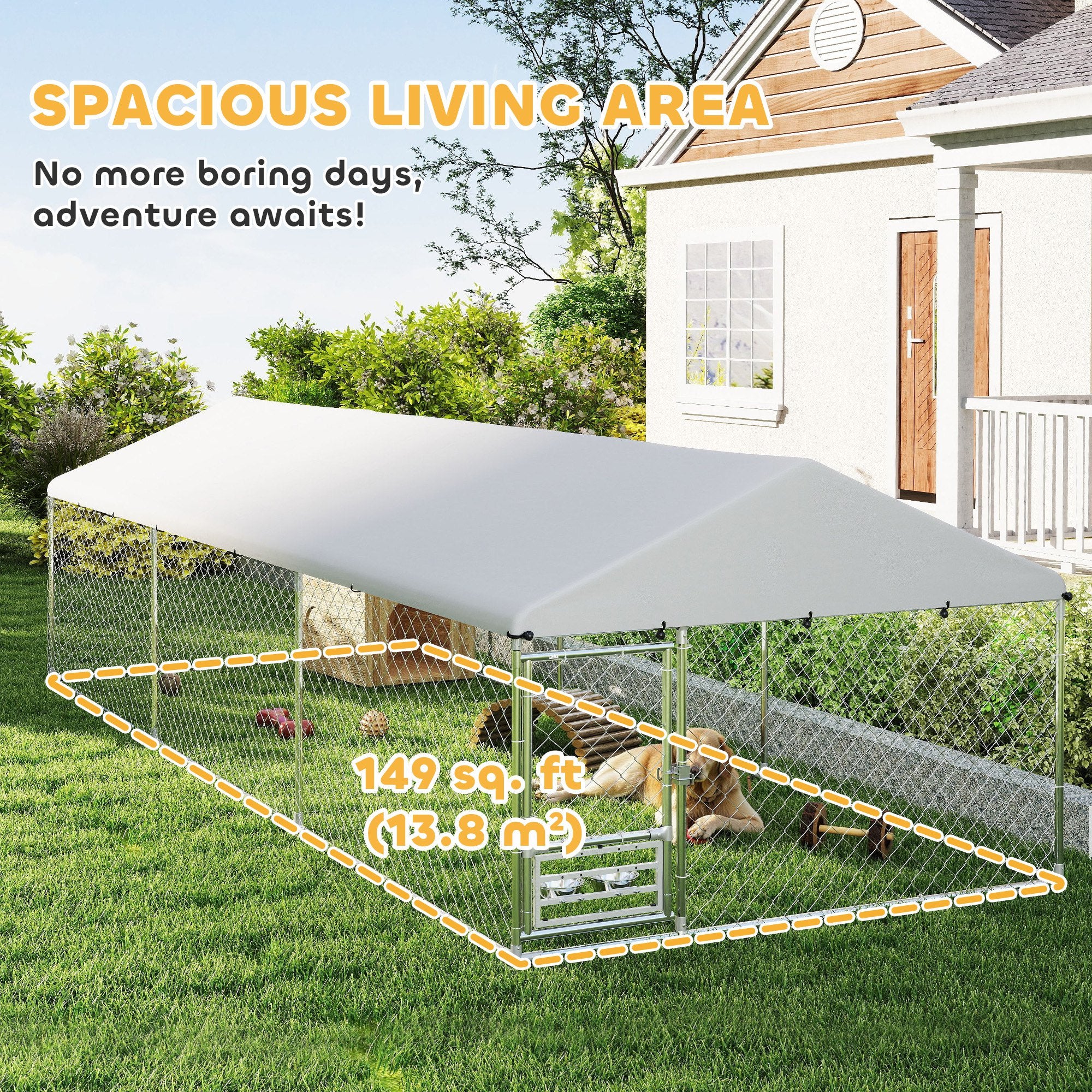 PawHut Outdoor Dog Run w/ Adjustable & Rotating Bowls, Waterproof UV-Resistant Cover, Secure Lock, 19.7' x 7.5' x 5.2'