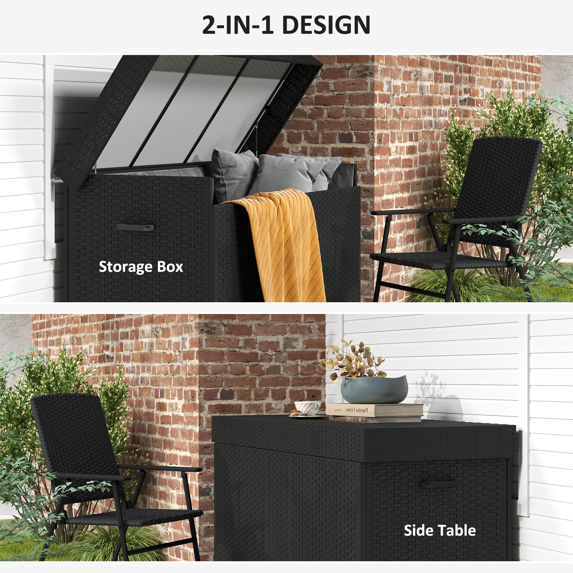 Outsunny 165 Gallon Deck Box, Wicker Outdoor Patio Storage Box with Waterproof Liner, Gas Strut and Universal Wheels, Black