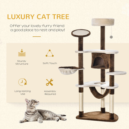 PawHut 60" Cat Scratching Tree, Cat Bed Condo Post House Pet Furniture Toys-Brown & Tan