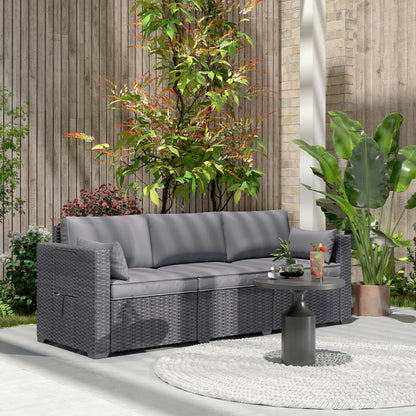 Outsunny 3 Seater Wicker Patio Sofa with Side Trays, Outdoor Couch with 6" Thick Back Cushions, Deep Seating, Grey