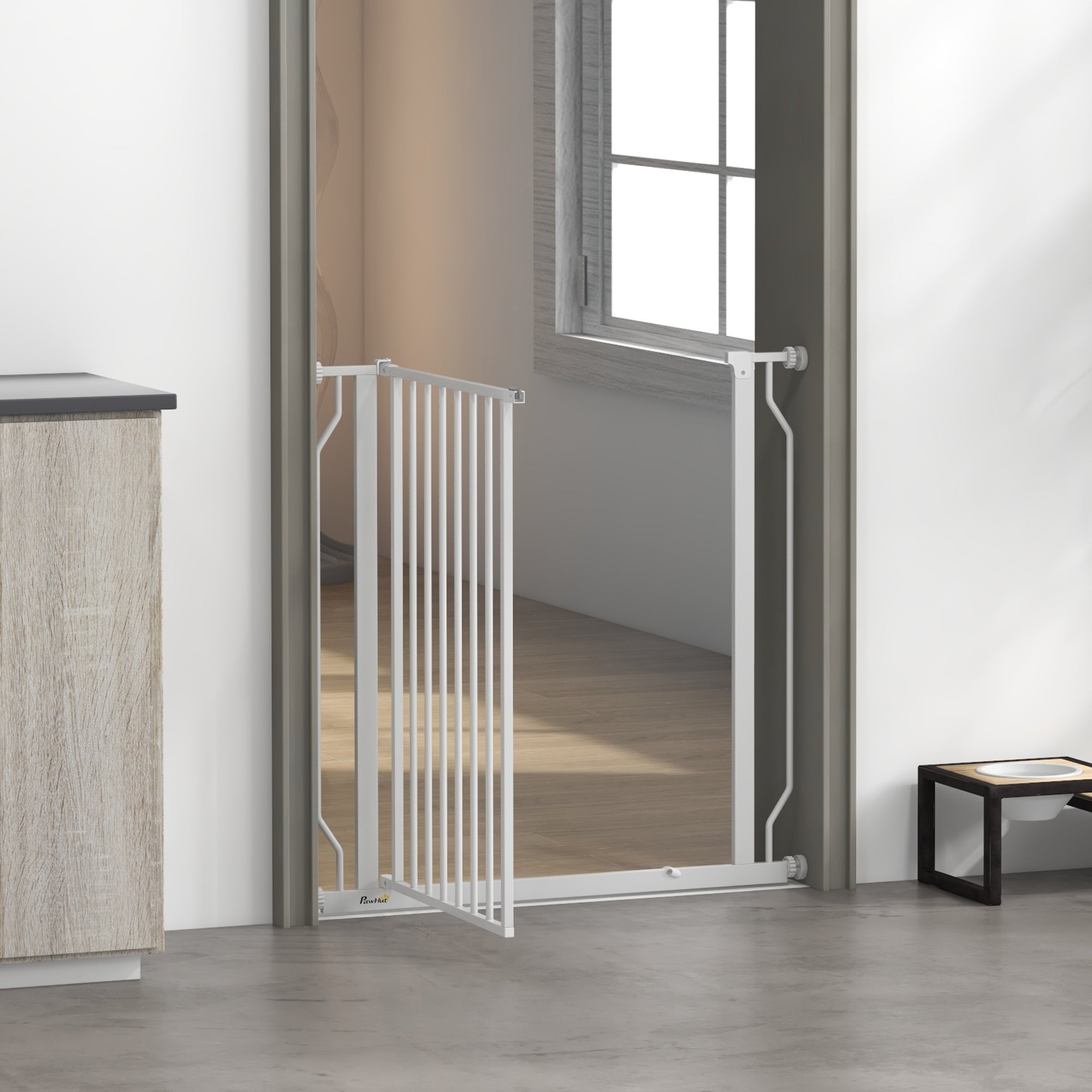 PawHut 30"- 34" Easy Install Pet Gate w/ Door & Double Locking System, Extra Wide Dog Gate for Stairs, Hallways, White