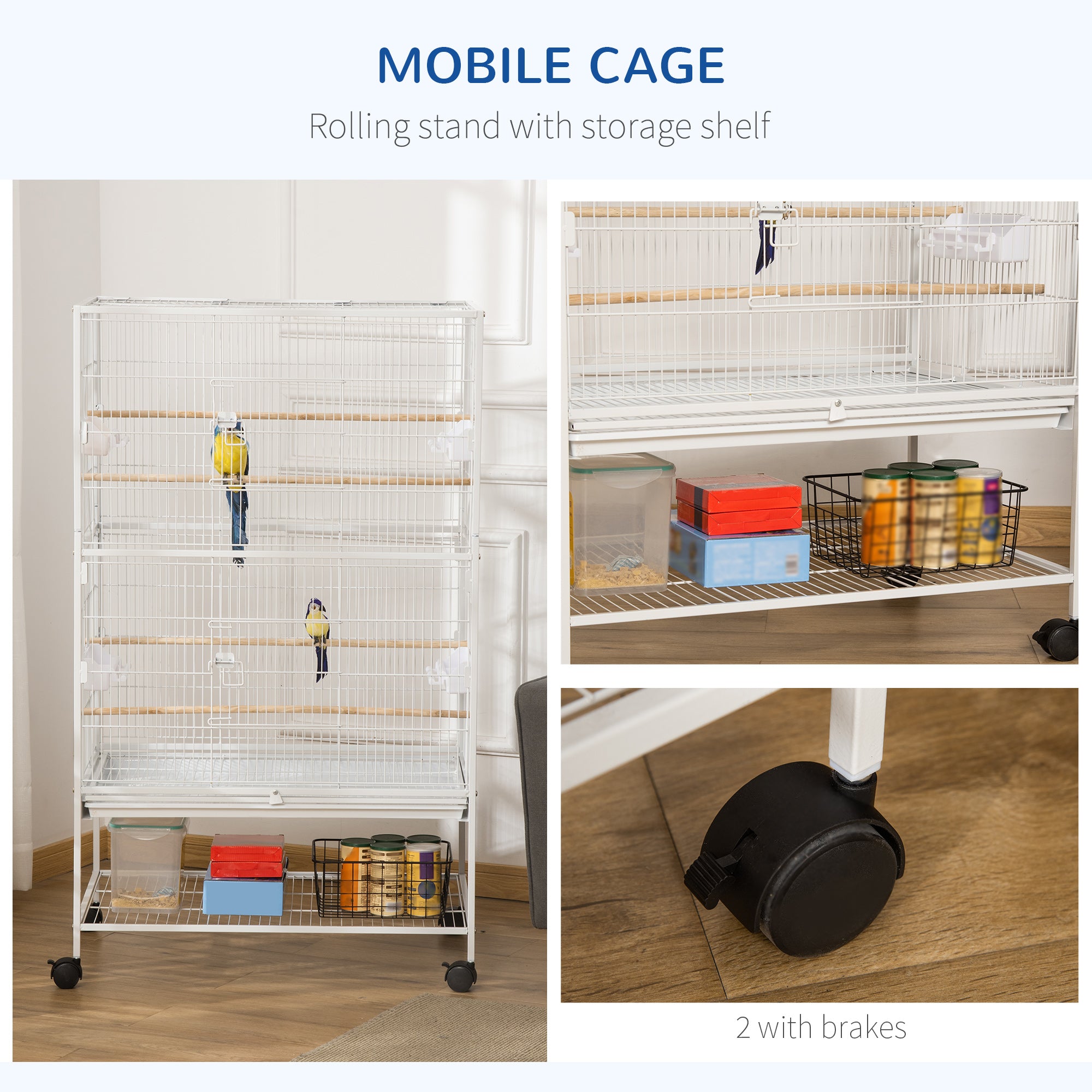 PawHut 52" Large Rolling Steel Bird Cage Bird House with Rolling Stand, Storage Shelf, Wood Perch, Food Container, White