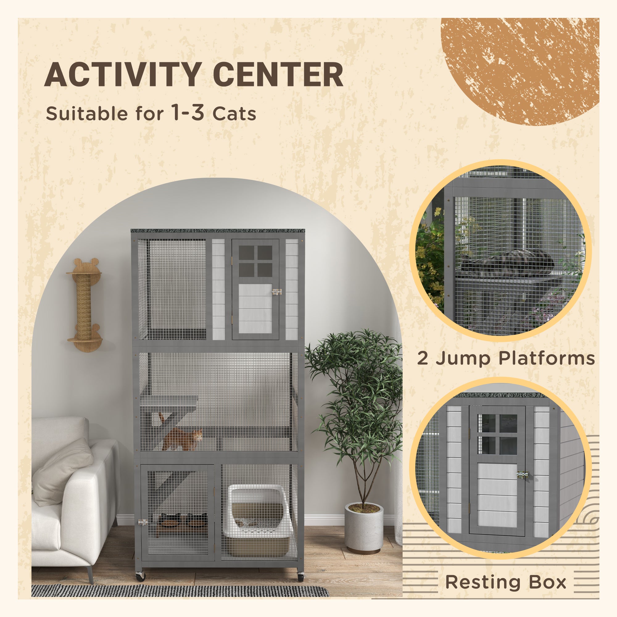 PawHut 74" Wooden Outdoor Cat House Weatherproof & Wheeled with High Weight Capacity, Kitten Cage Condo, Light Grey