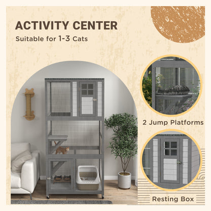 PawHut 74" Wooden Outdoor Cat House Weatherproof & Wheeled with High Weight Capacity, Kitten Cage Condo, Light Grey