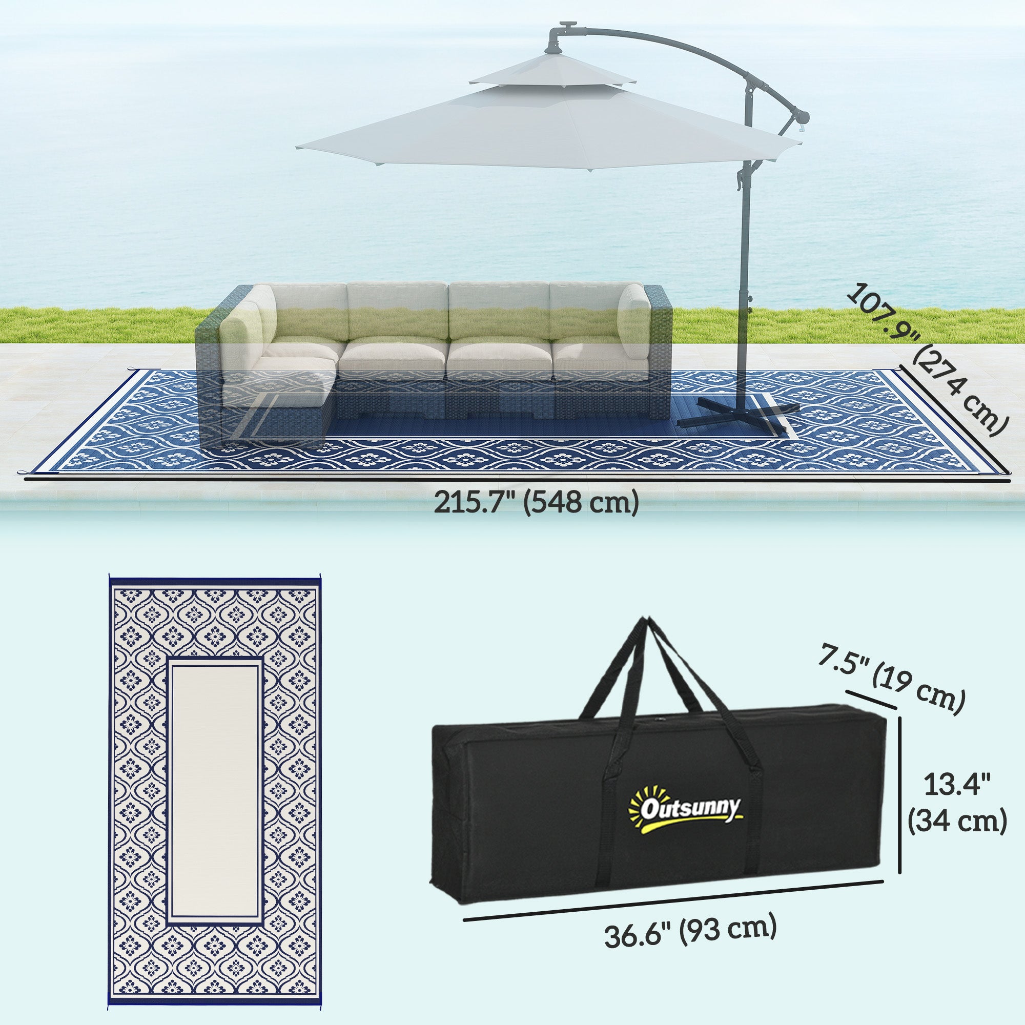 Outsunny 9' x 18' Outdoor RV Rug, Reversible Patio Floor Mat with Carry Bag, Gourd Border, Blue and White