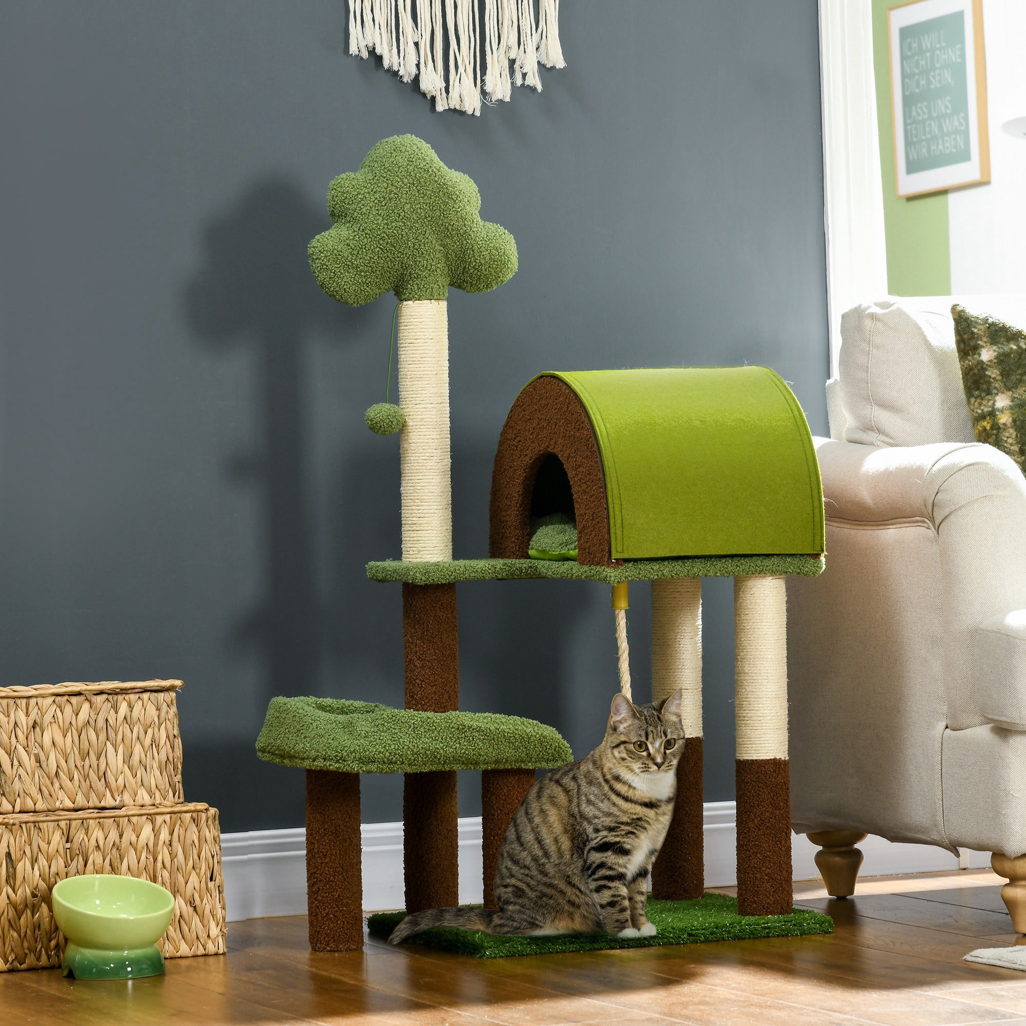 PawHut 42" Cat Tree with Scratching Posts, Cat Tower for Indoor Cats with Bed, House, Toy, Forest Themed, Green