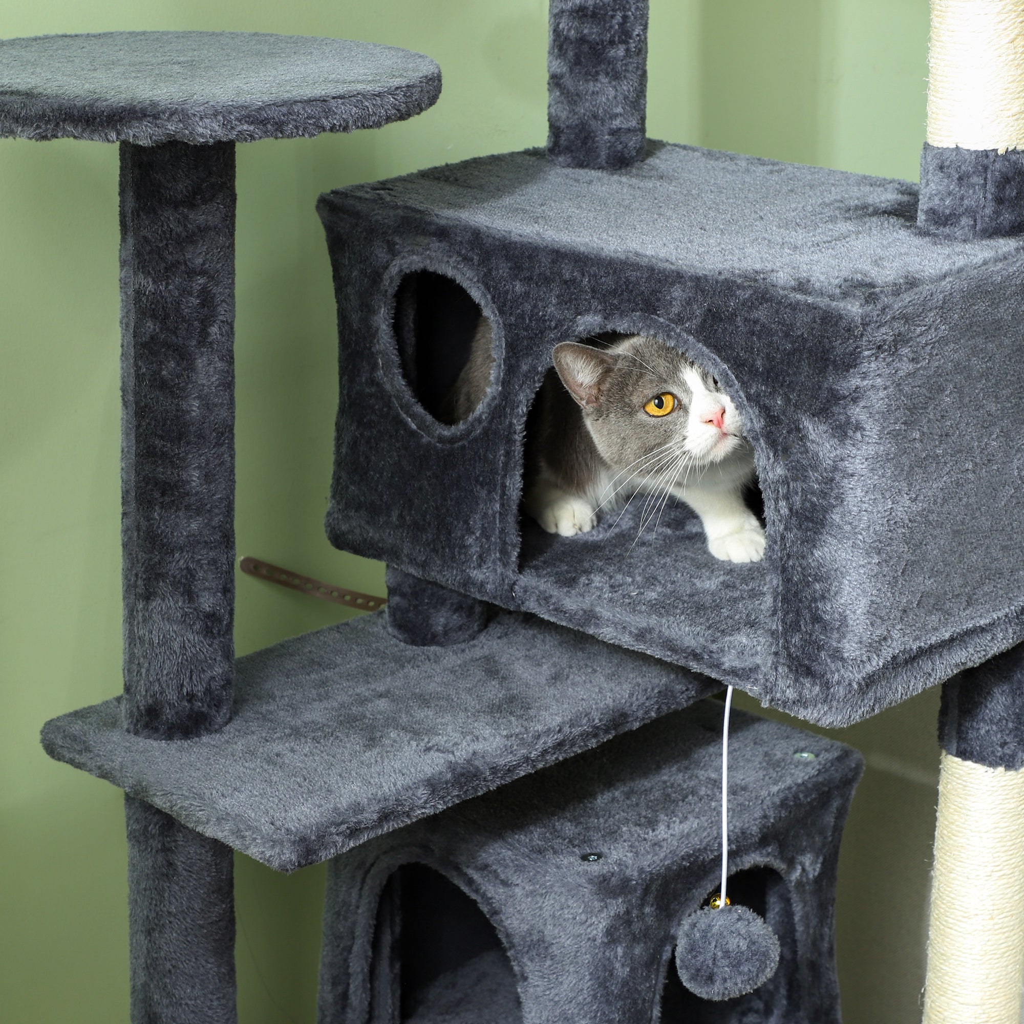 PawHut 54" Cat Tree, Multi-Level Cat Tower with Scratching Posts, Cat Condos, Bed, Platforms, Ramp, Toy Ball, Dark Grey