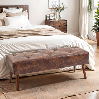 HOMCOM Bedroom Bench, End of Bed Bench with Button Tufted, PU Leather Upholstered Entryway Bench with Wood Legs, Brown