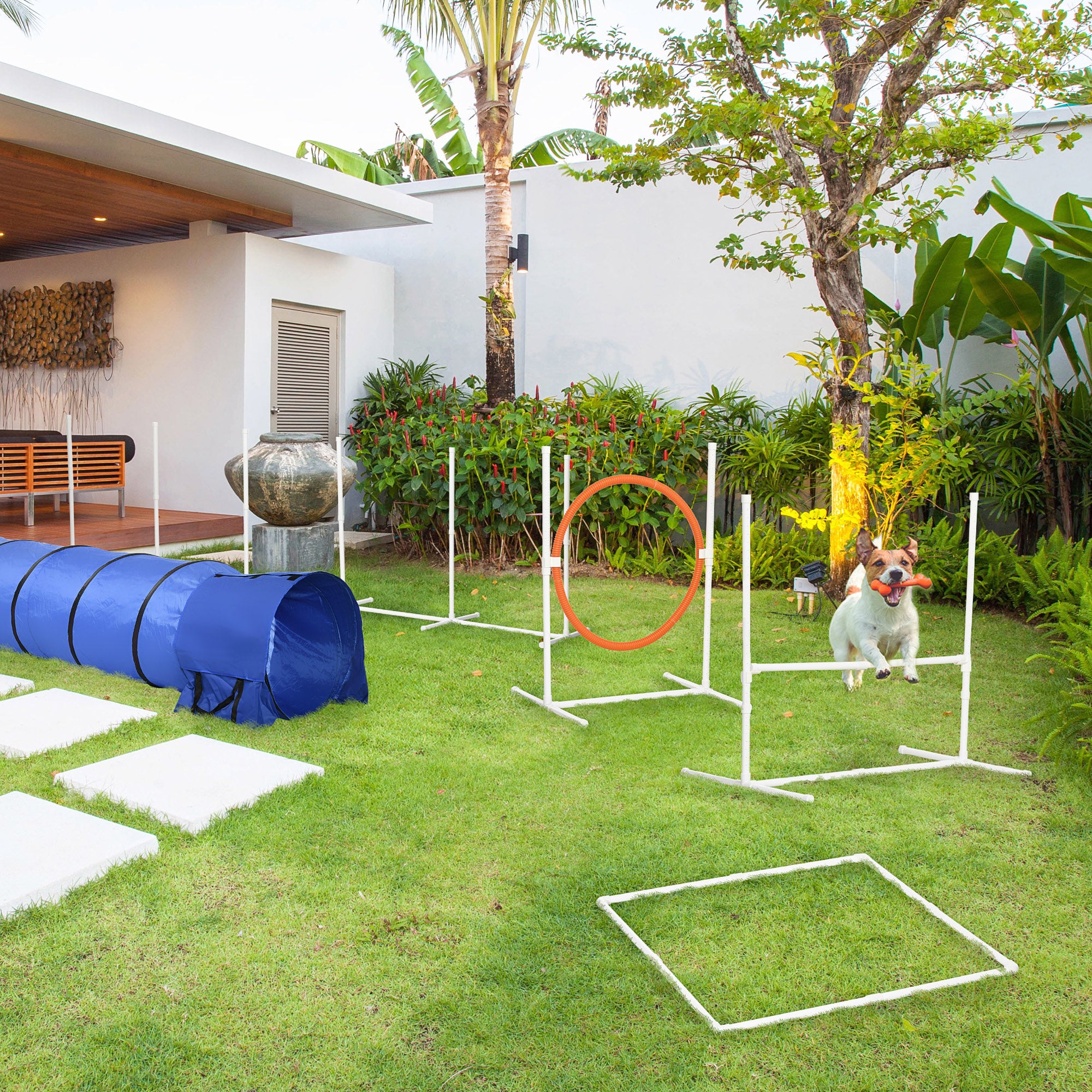 PawHut 5Pcs Dog Agility Training Equipment with 8.7KG Net Weight, Pet Agility Set with Tunnels, Adjustable Jump Ring, Jumper, Weave Poles, Square Pause Box, Carrying Bag, Whistle