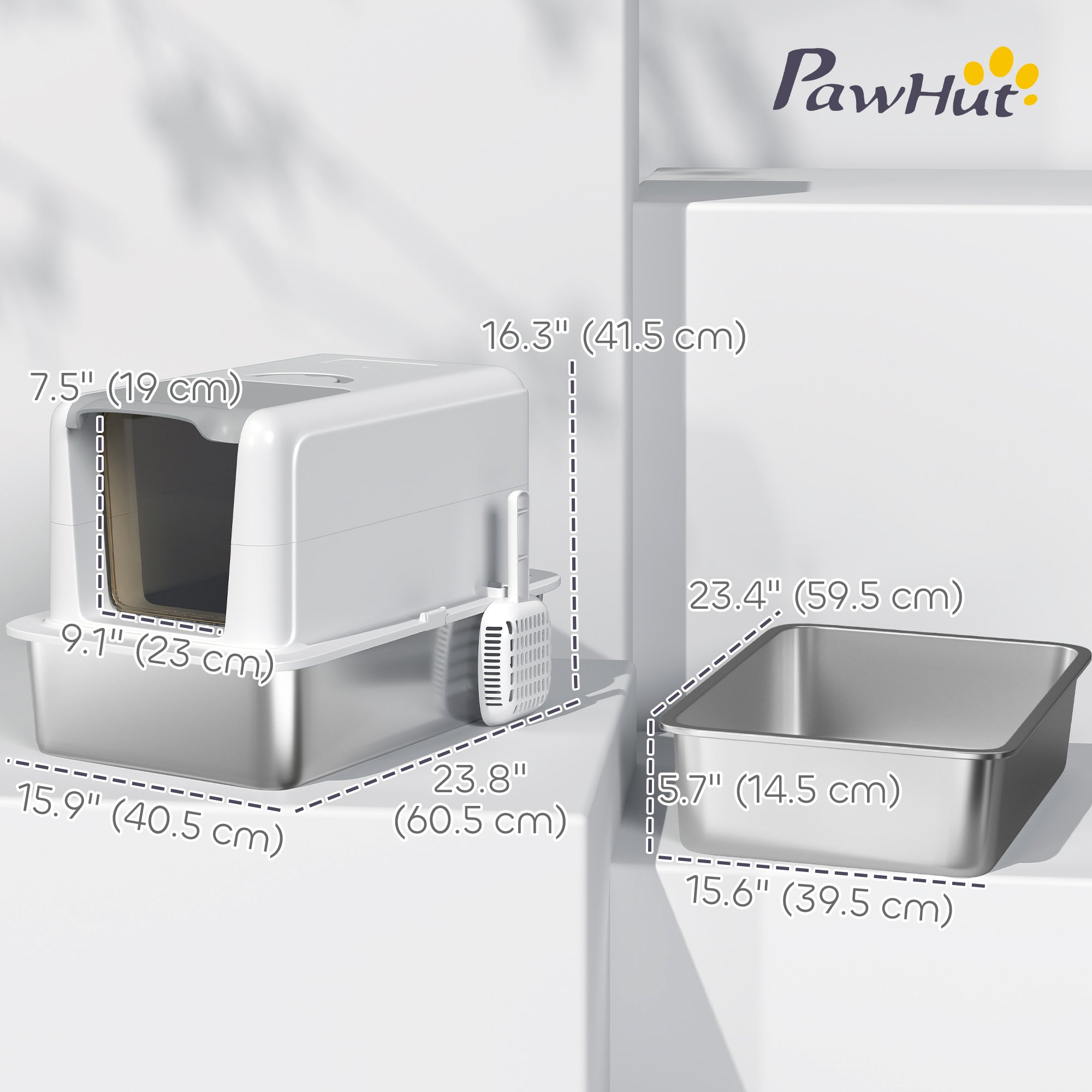 PawHut Stainless Steel Cat Litter Box w/ Removable Lid & Scoop, for Small to Large Cats, Easy to Clean, White