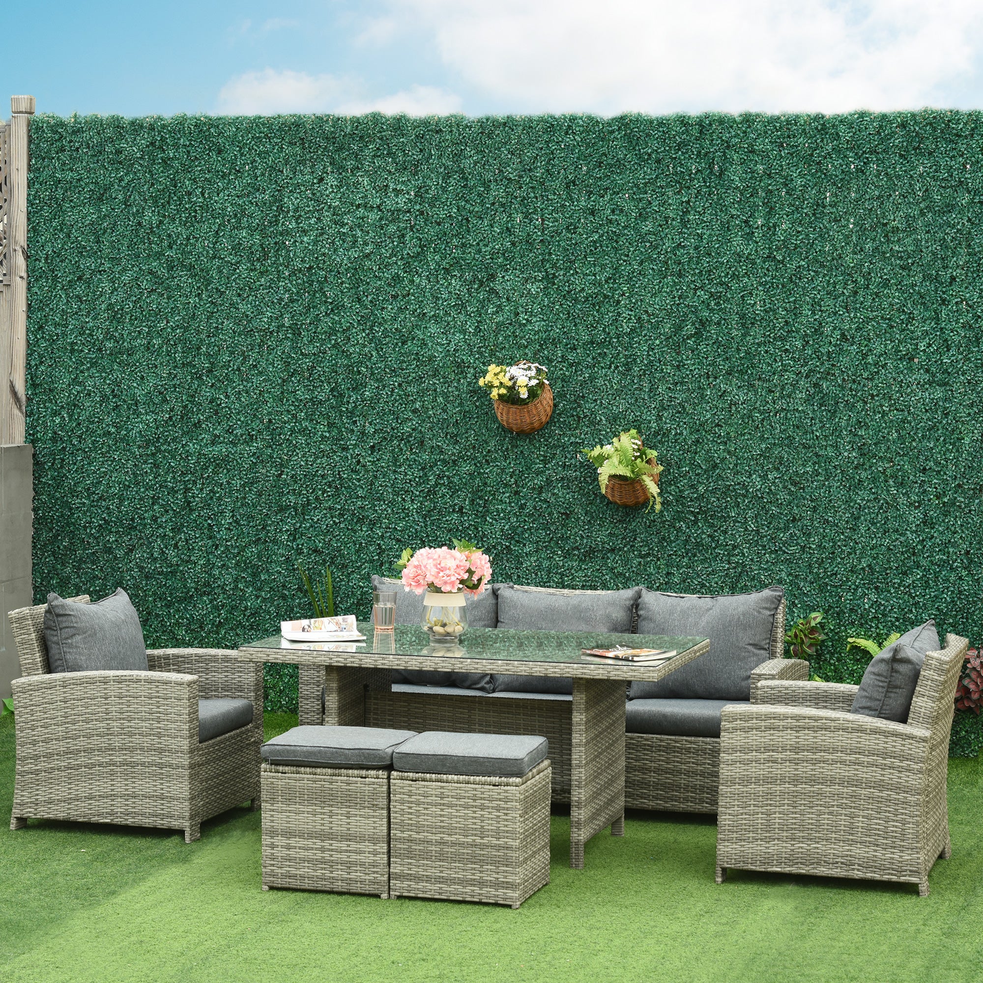 Outsunny 6 Pcs Patio Furniture Set, Rattan Outdoor Furniture Set with 3 Seater Sofa, Armchairs, Footstools and Table, Light Grey