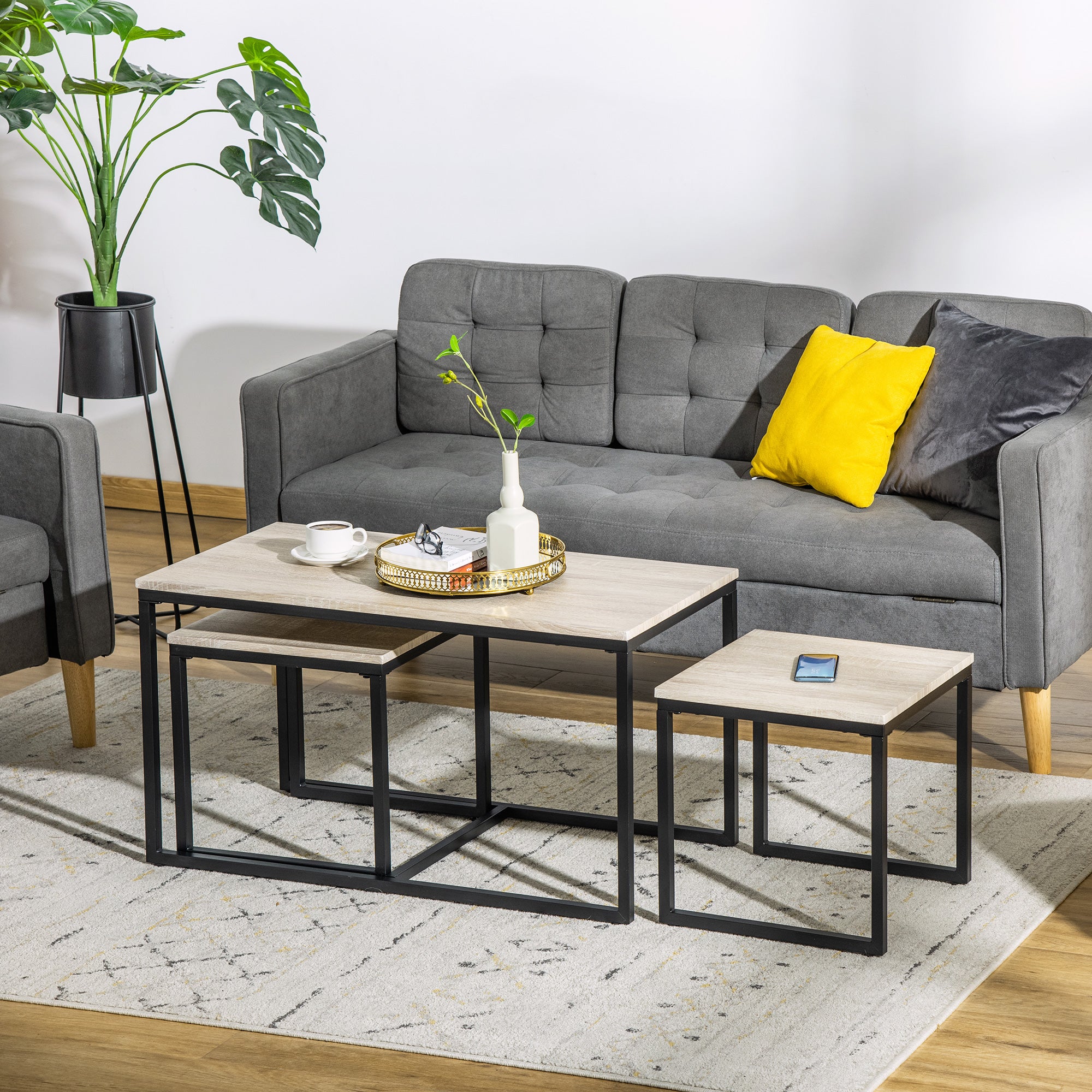 HOMCOM Nesting Coffee Table Set of 3, Modern End Tables with Black Metal Frame for Living Room Home Furniture, Natural
