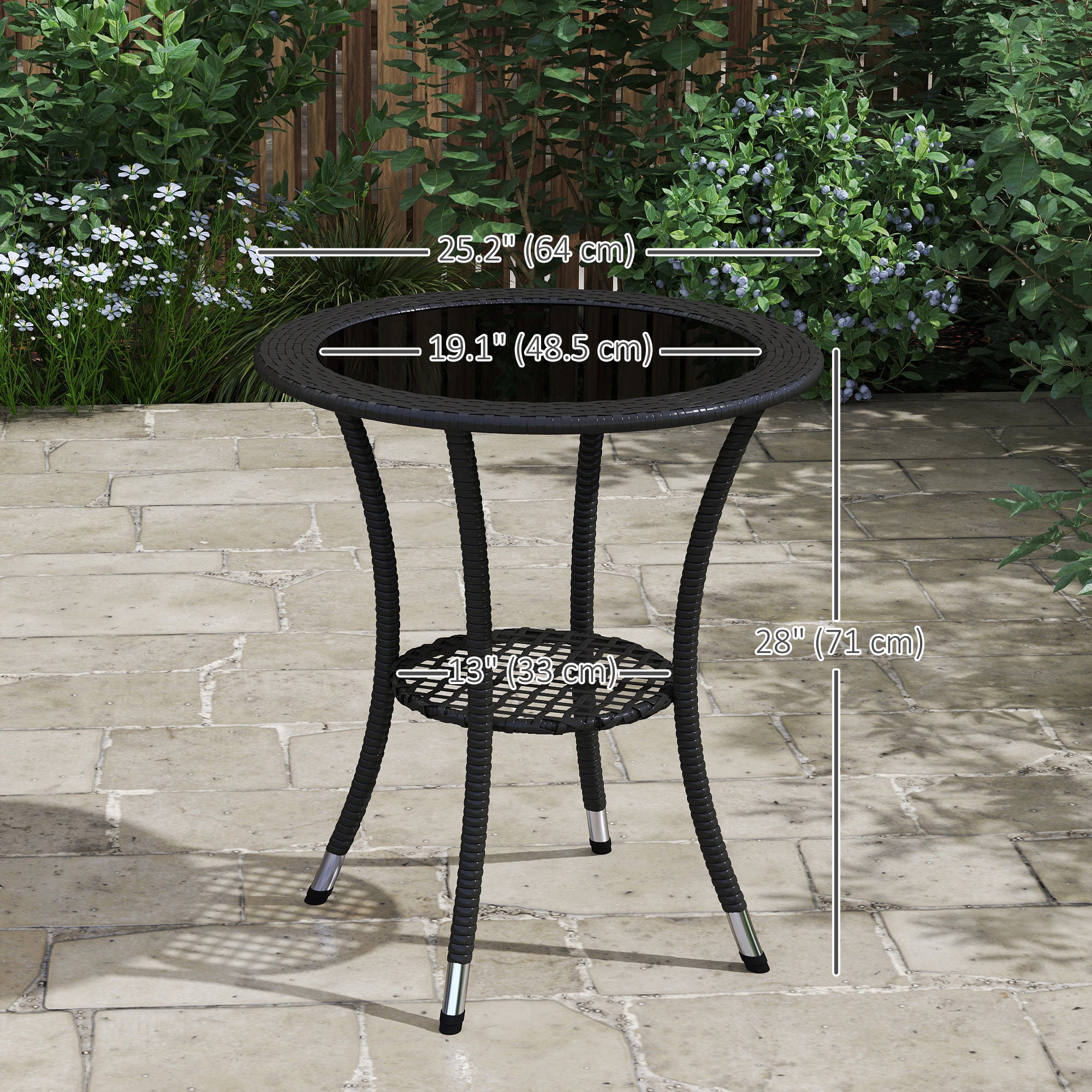 Outsunny Outdoor Rattan Dining Table, Patio Wicker Round Coffee Table with 2-Tier Storage Shelf, Black