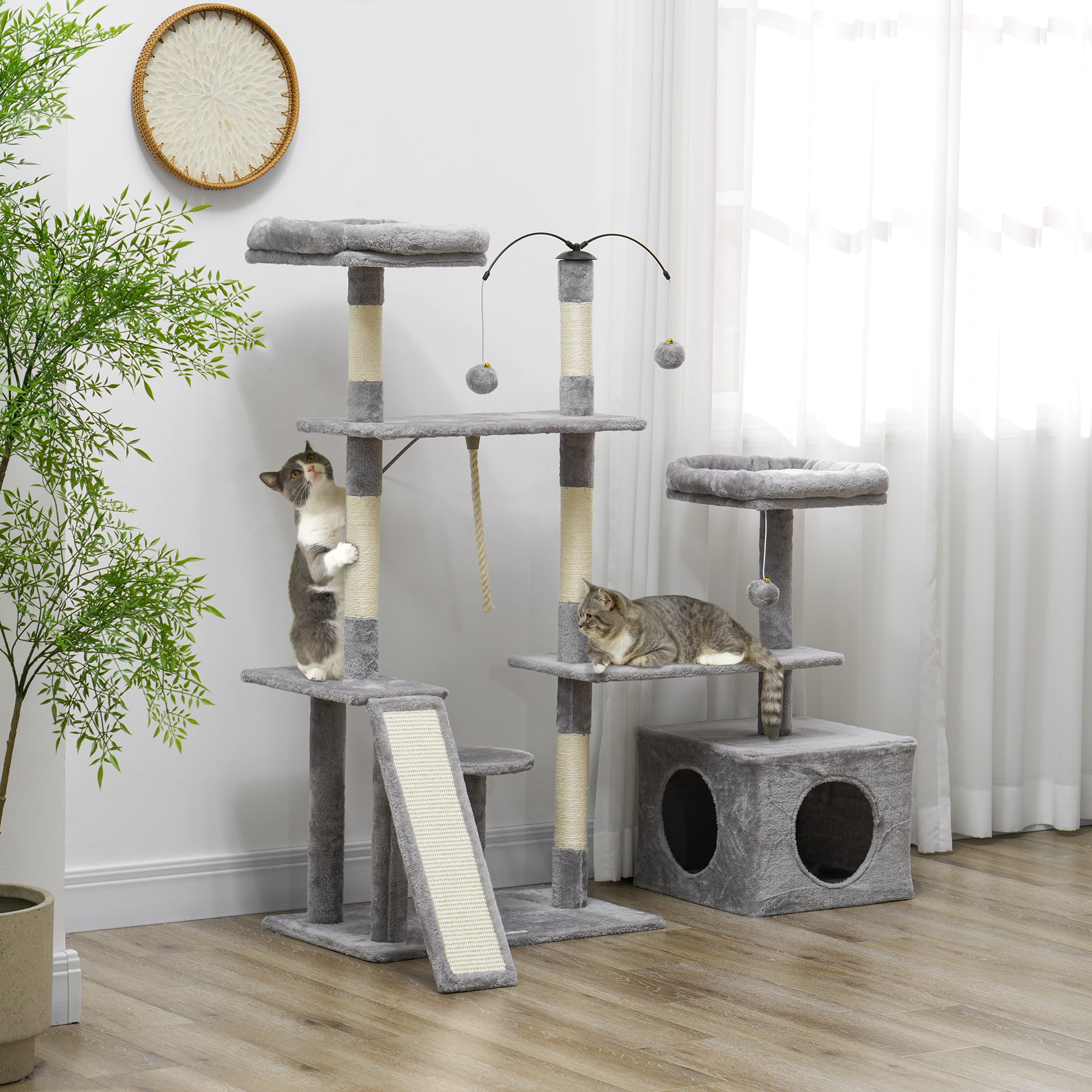 PawHut 53" Cat Tree, Cat Tower with Scratching Posts, Cat Condo, Beds, Platforms, Toy Balls for Indoor Cats, Light Grey