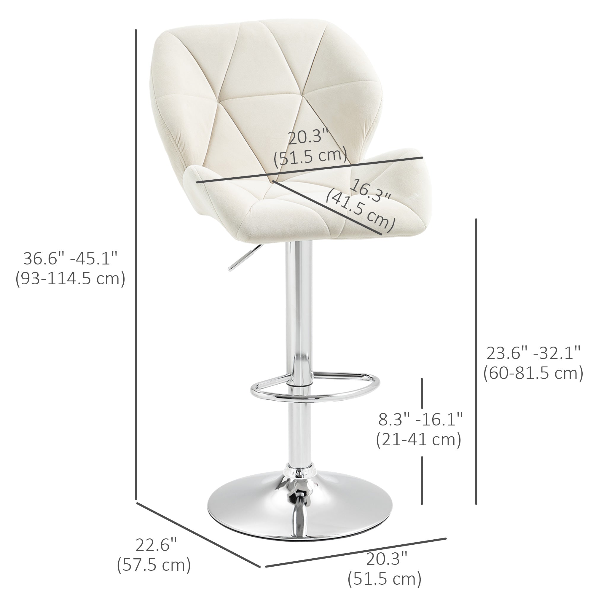 HOMCOM Bar Stool Set of 2 Fabric Adjustable Height Armless Upholstered Counter Chairs with Swivel Seat, Cream White