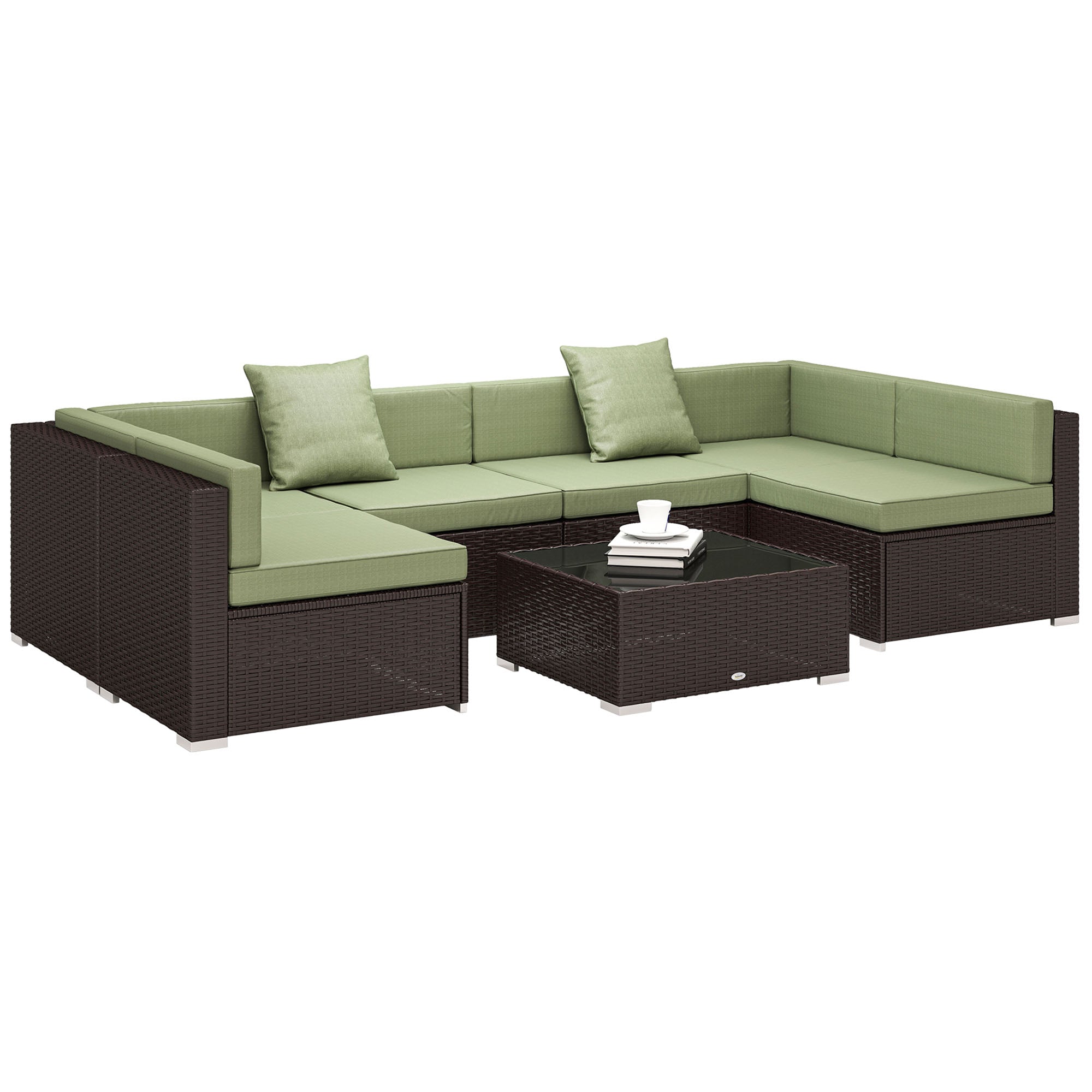 Outsunny 7 Pieces Outdoor Rattan Furniture Set, Patio Wicker Sectional Conversation Sofa Set, Light Green