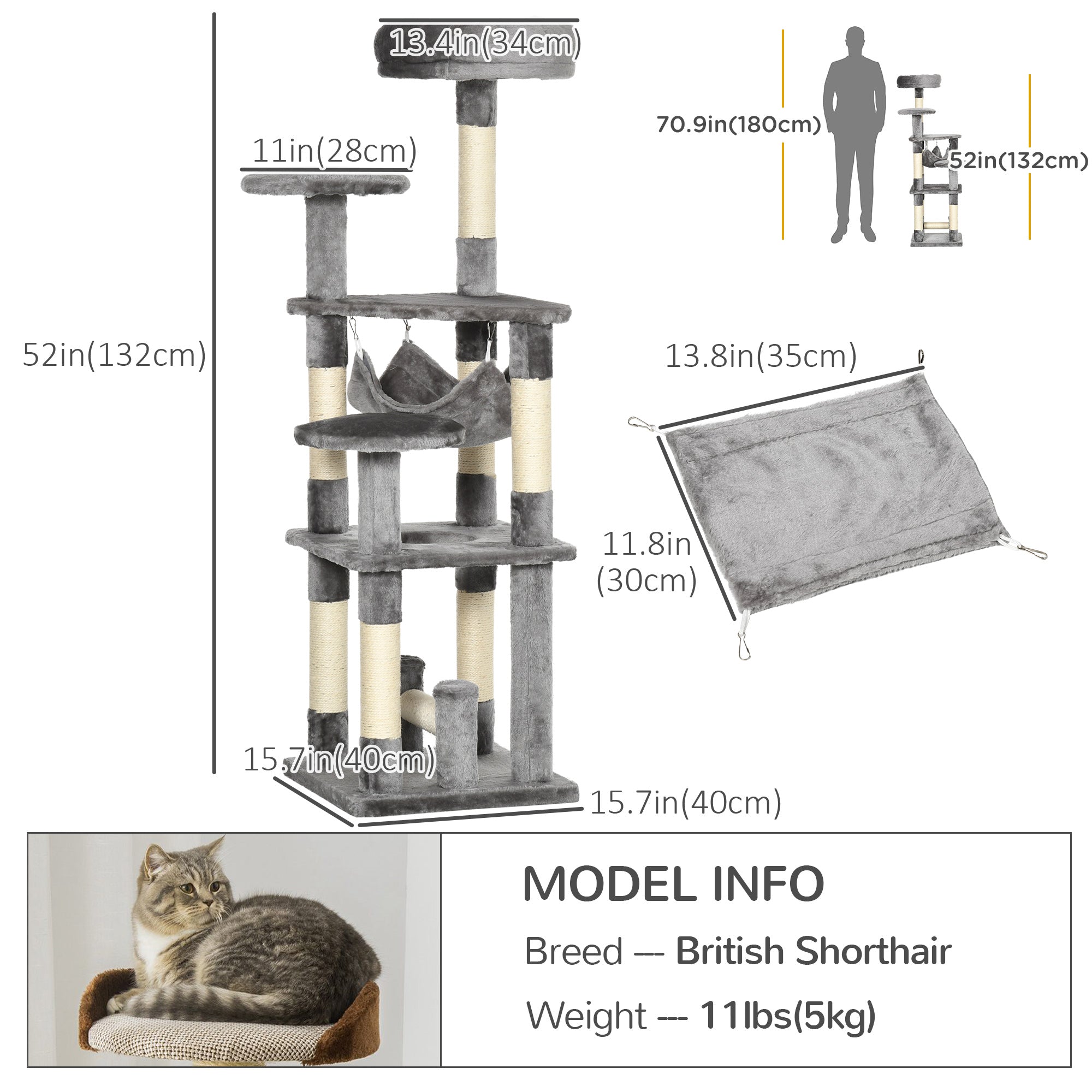 PawHut 52" Multi-Level Cat Tree Tower, Kitten Scratcher Activity Center Play House with Hammock - Grey