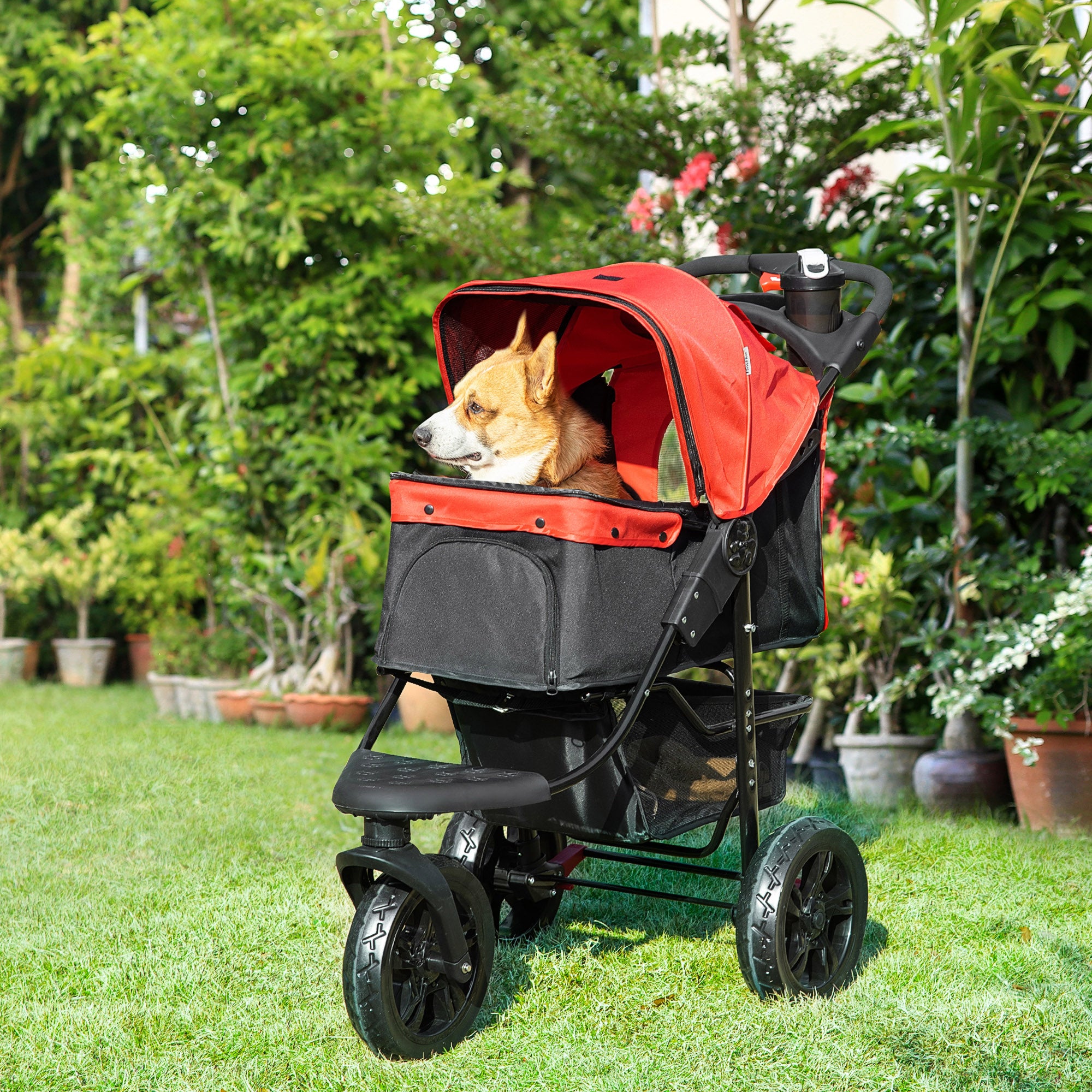 PawHut 3 Wheel Folding Dog Stroller, Jogger Travel Carrier with Adjustable Canopy, Storage Brake, Mesh Window for S&M Dogs, Red