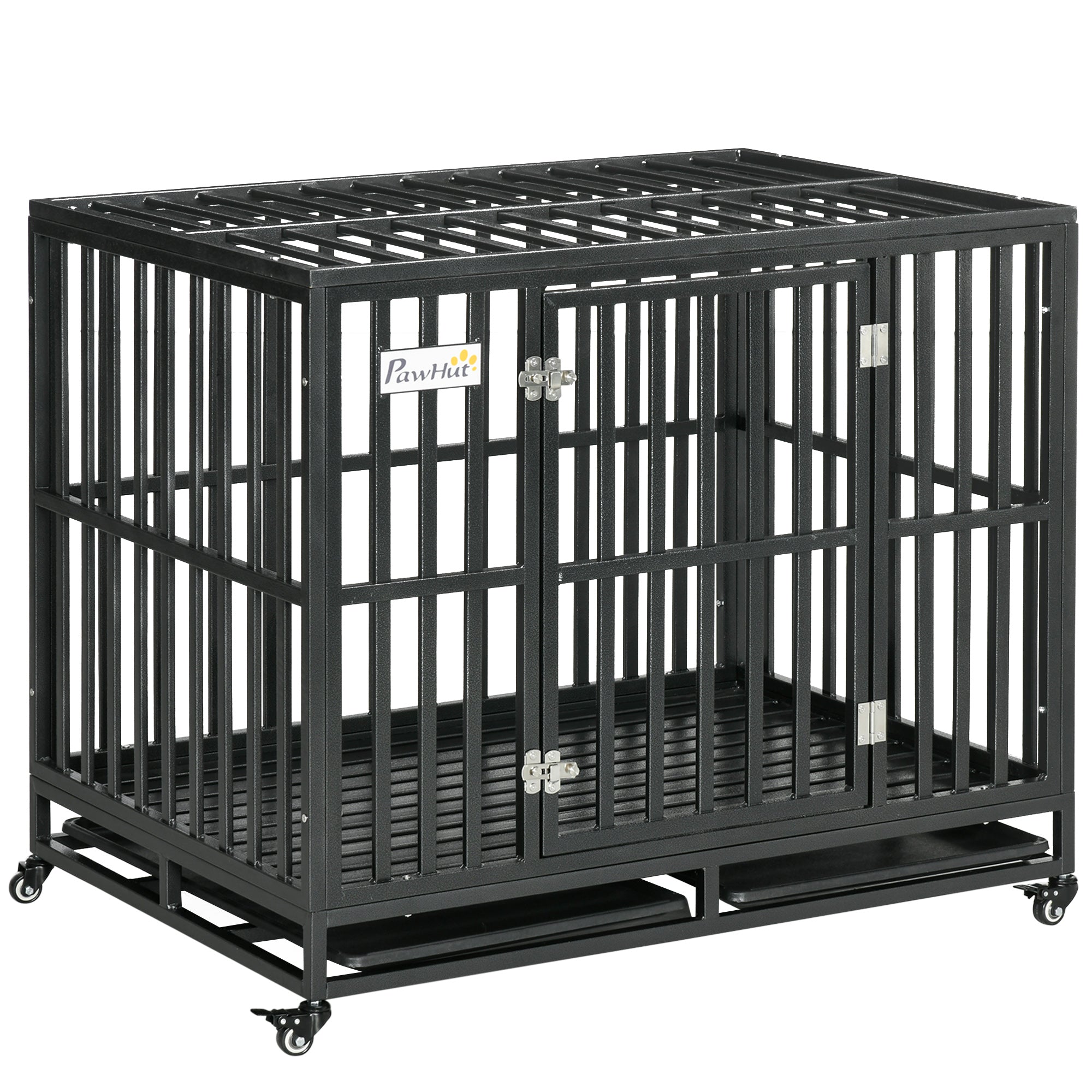 PawHut 45" Heavy Duty Steel Dog Crate Kennel Pet Cage with Wheels for Convenient Access Anti-Pinching Floor, Black