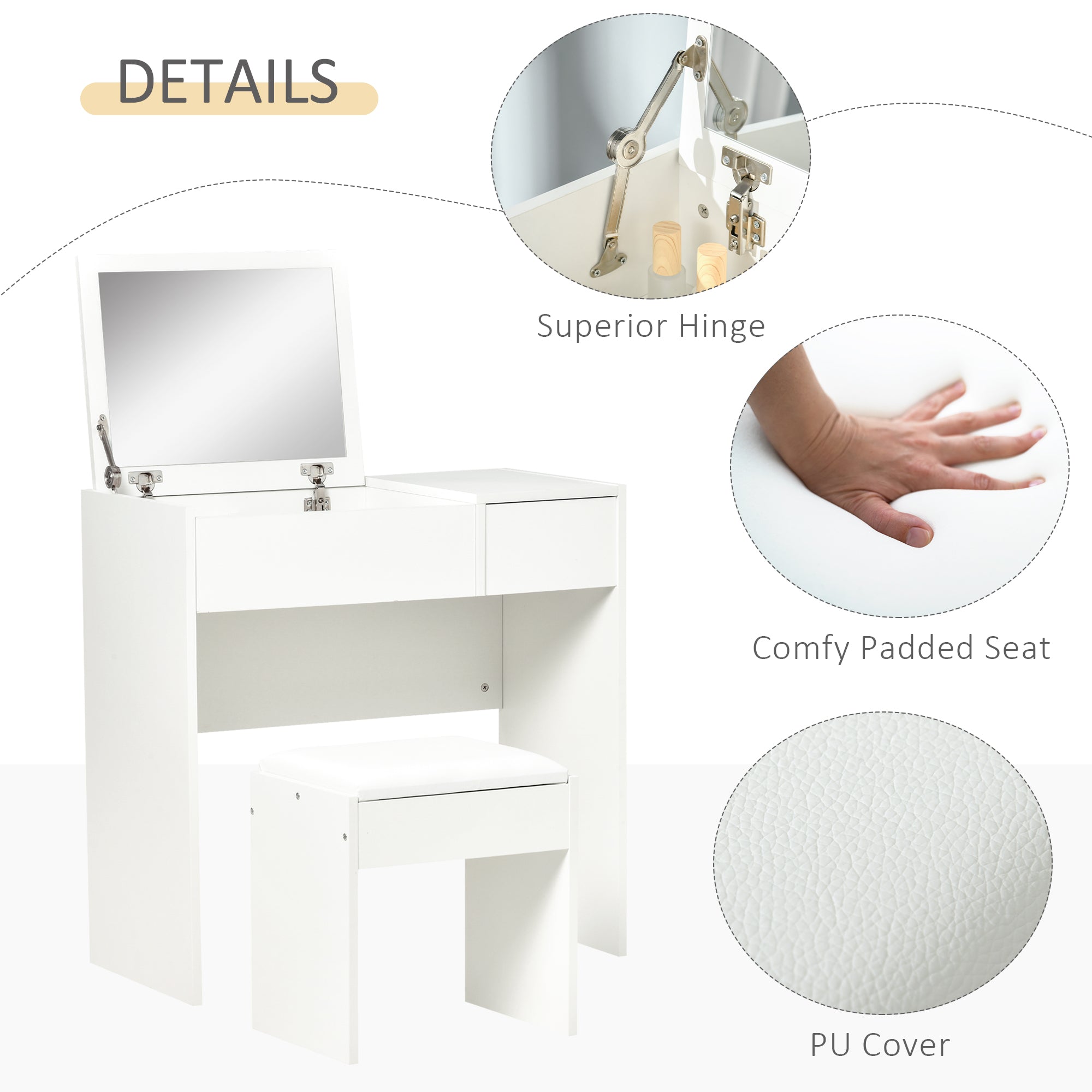 HOMCOM Modern Vanity Set with Flip Top Mirror and Cushioned Stool, Dressing Table with Storage Drawer for Bedroom, White