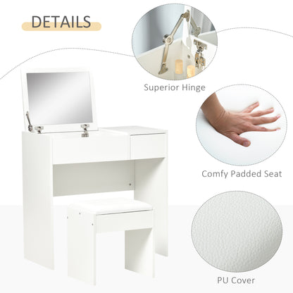 HOMCOM Modern Vanity Set with Flip Top Mirror and Cushioned Stool, Dressing Table with Storage Drawer for Bedroom, White