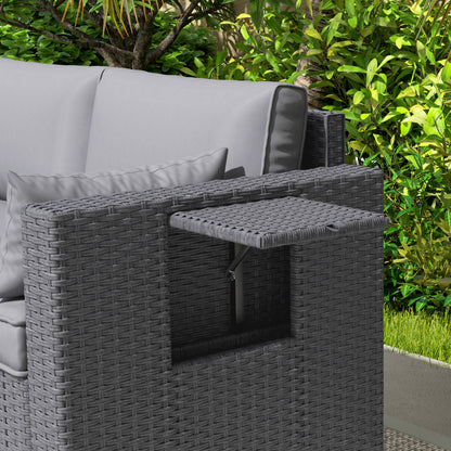 Outsunny 3 Seater Wicker Patio Sofa with Side Trays, Outdoor Couch with 6" Thick Back Cushions, Deep Seating, Grey