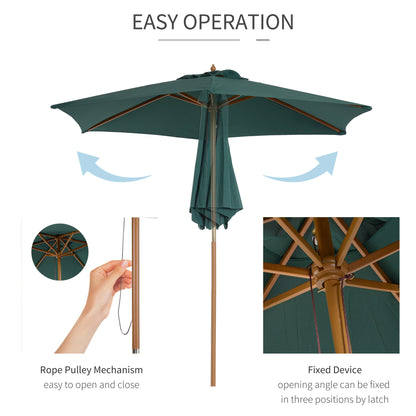 Outsunny 8FT Wood Market Umbrella Patio Umbrella Round Garden Parasol Canopy with Bamboo Ribs and Top Vent, Dark Green