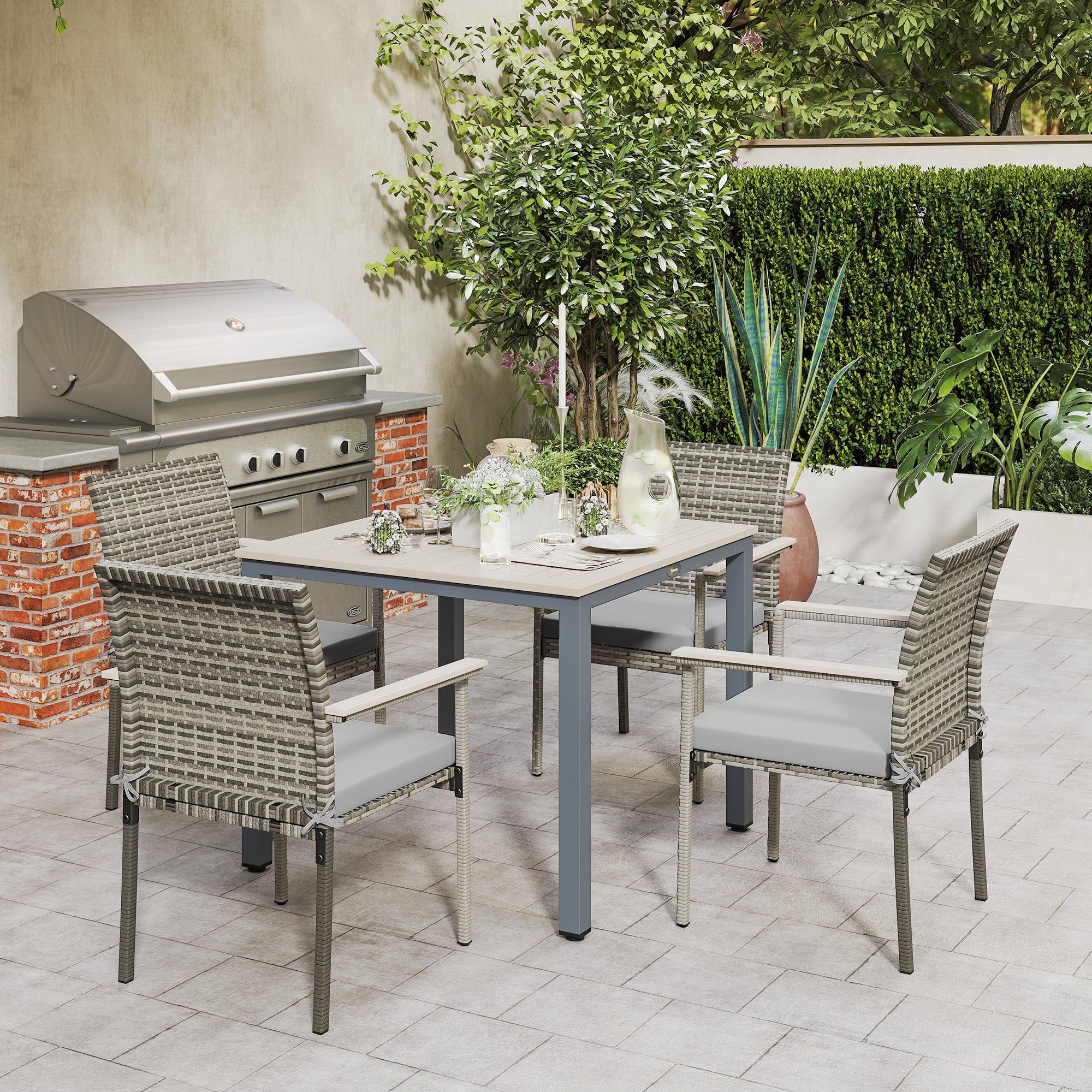 Outsunny 5 Pieces Wicker Outdoor Furniture Set, Rattan Patio Dining Set with Cushions, Umbrella Hole for Garden Backyard, Grey