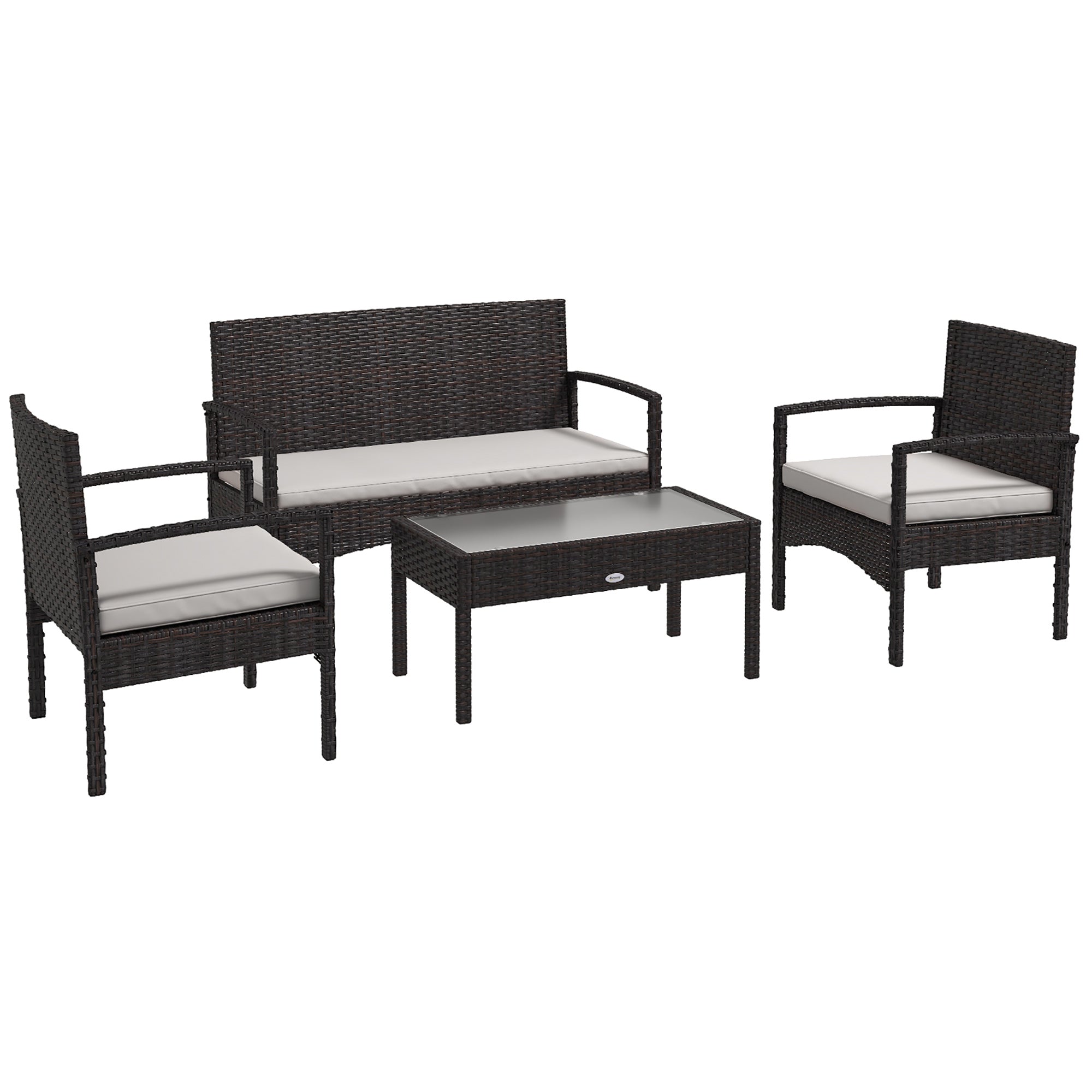 Outsunny 4 Pieces Patio Furniture Set with Loveseat Sofa, Armchairs, Glass Table, Outdoor Wicker Conversation Sofa Set, White