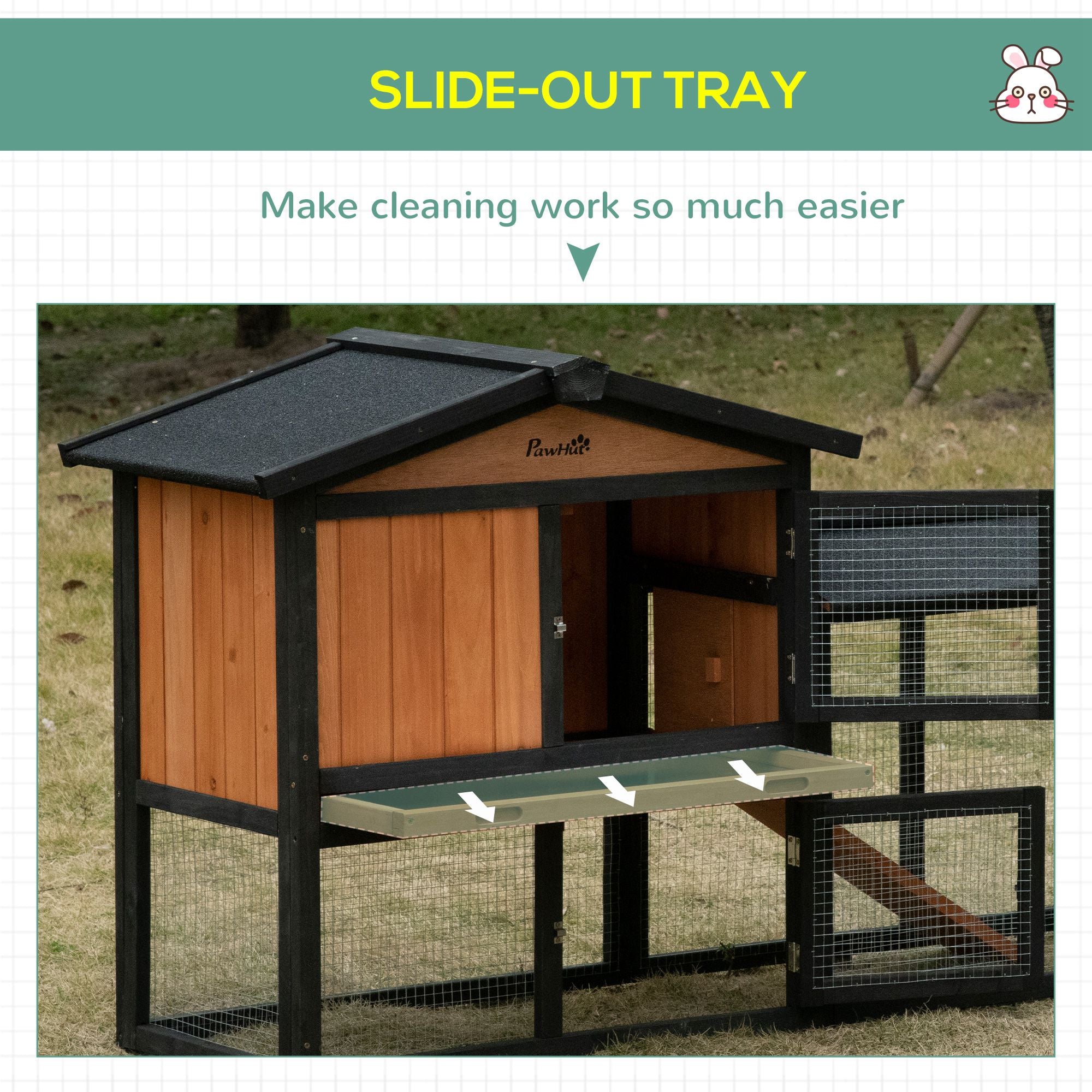 PawHut 69" Wooden Rabbit Hutch Pet Playpen Bunny House Enclosure with Run Box, Slide-out Tray, Ramp, for Rabbits and Small Animals, Black