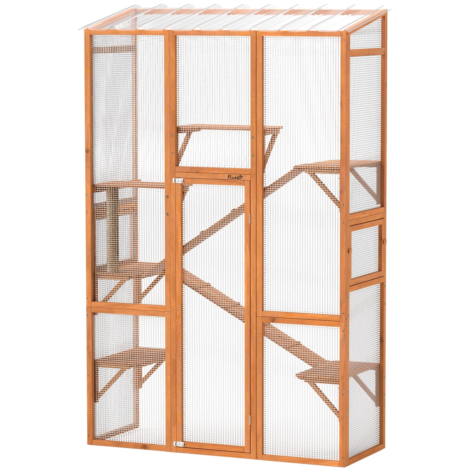 PawHut Wooden Catio Outdoor Cat Enclosure with 6 Jumping Platforms, Scratching Post, 2 Ramps, Waterproof Roof, for 2-3 Kittens