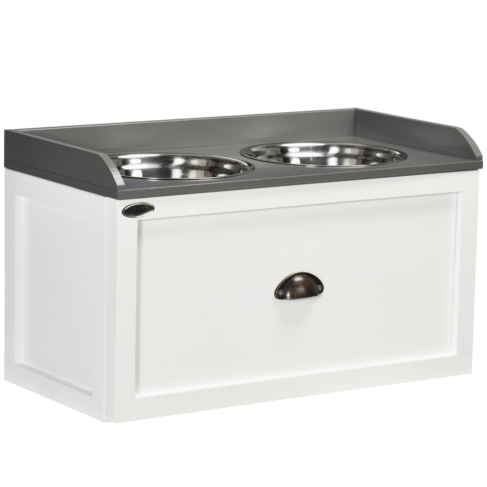 PawHut Elevated Dog Bowls Raised Pet Feeding Station with Storage 2 Stainless Steel Bowls, 23.6"x11.8" x14.2", White