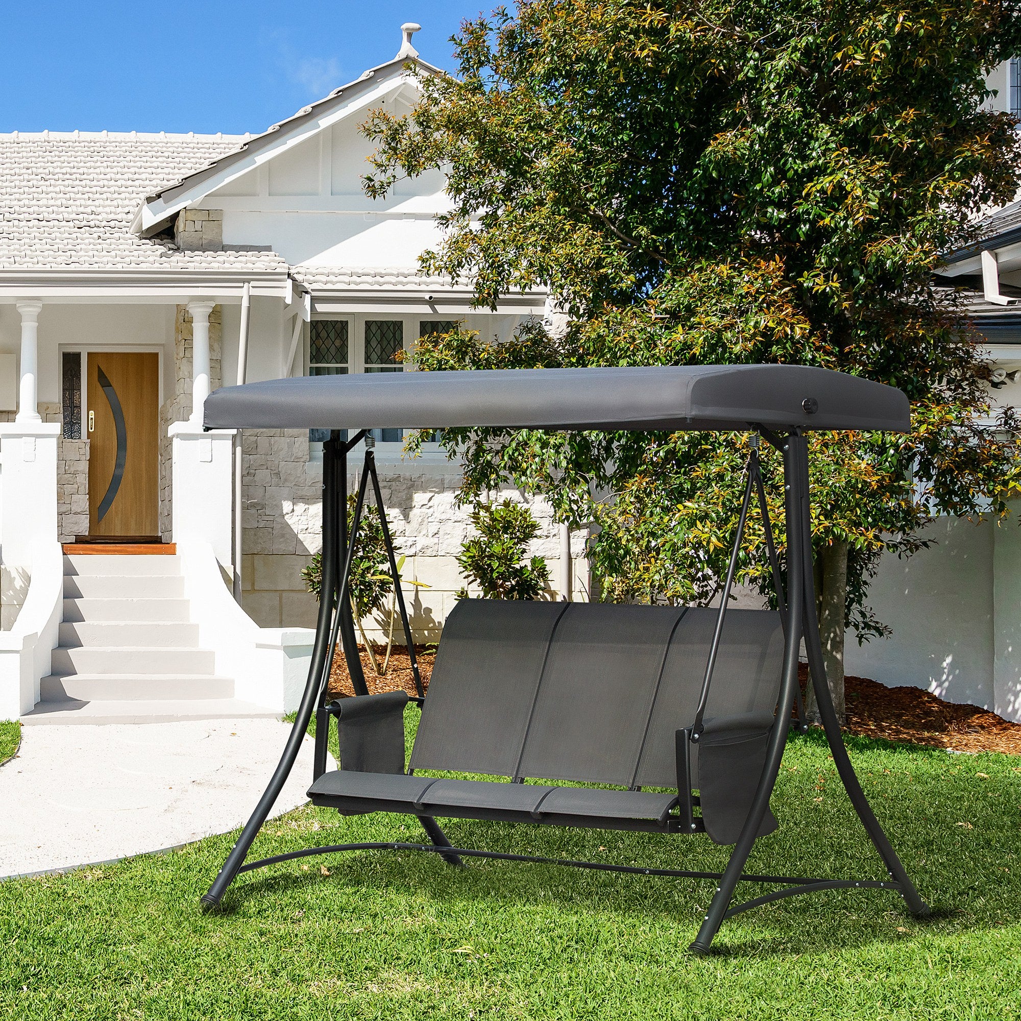 Outsunny 3 Person Porch Swing Outdoor Swing Chair with High Back Design, Side Pouches and Adjustable Canopy, Dark Grey