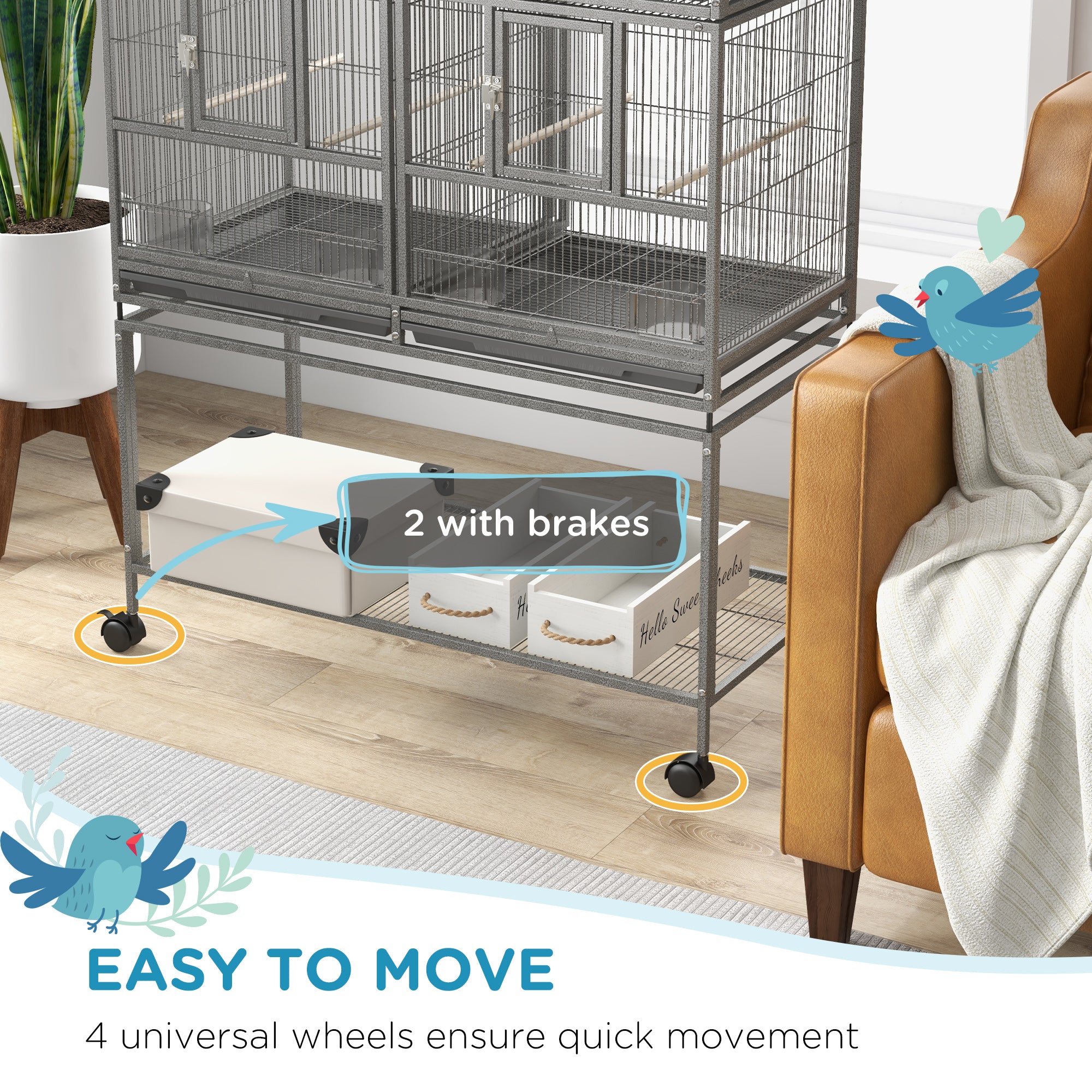 PawHut 61"H Divided Breeder Bird Cage with Rolling Stand Removable Metal Tray, Storage Shelf, Wood Perch, and Food Container, Dark Grey